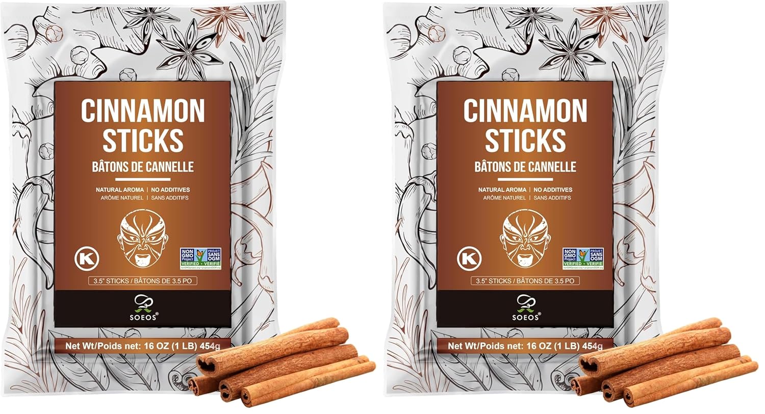 Soeos Cinnamon Sticks, 16 oz (454g), 3.5" Length, 100% Raw, Non-GMO, Kosher Certified, Whole Cinnamon Sticks Seasoning Spice for Coffee, Baking, Cooking and Beverages (Pack of 2)
