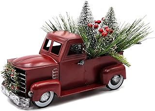 HOI Red Metal Truck Christmas Décor with Snow Flocked Christmas Tree Ornament, Vintage Farmhouse Pickup Truck for Table Top Christmas Decorations, Perfect Christmas Table Centerpiece…