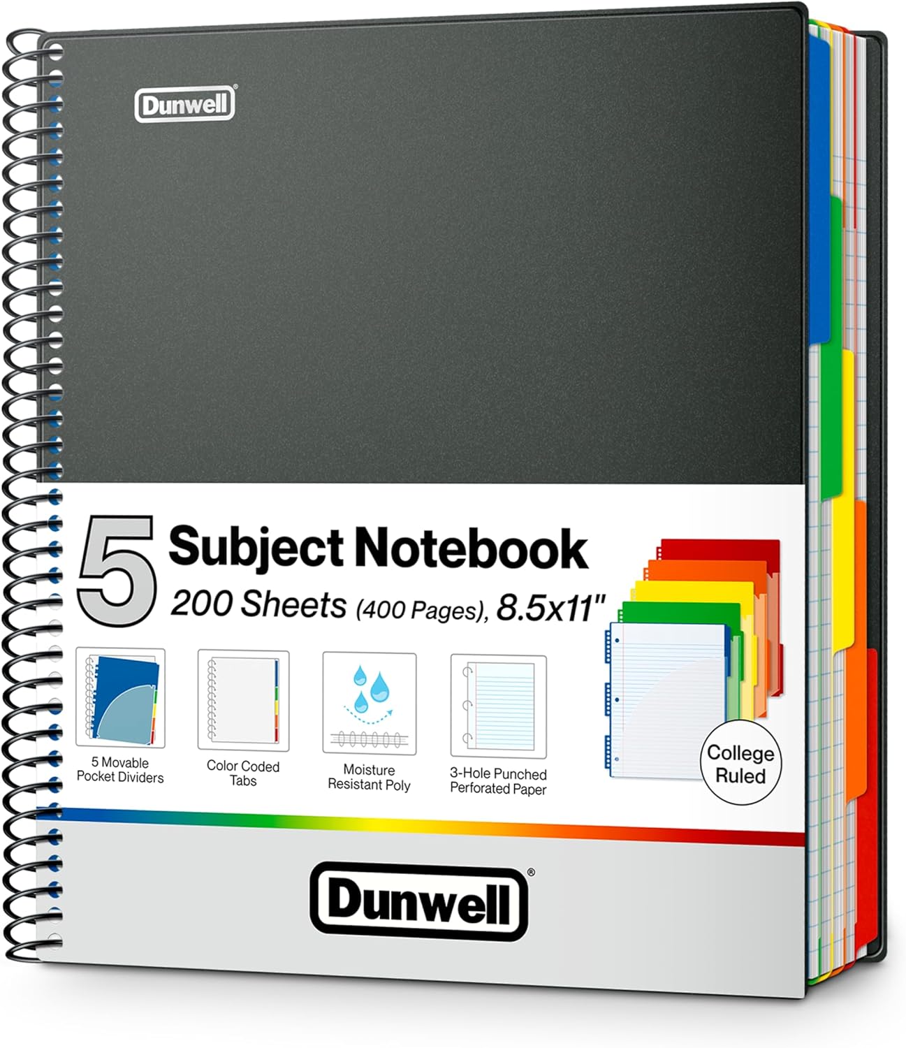 Dunwell 5-Subject Notebook, College Ruled, Colorful Movable Pocket Dividers with Tabs, Front/Back Plastic Covers, 200 Sheets (400 Pages) of 3-Hole Punch Perforated 8.5x11 Paper 1 Black