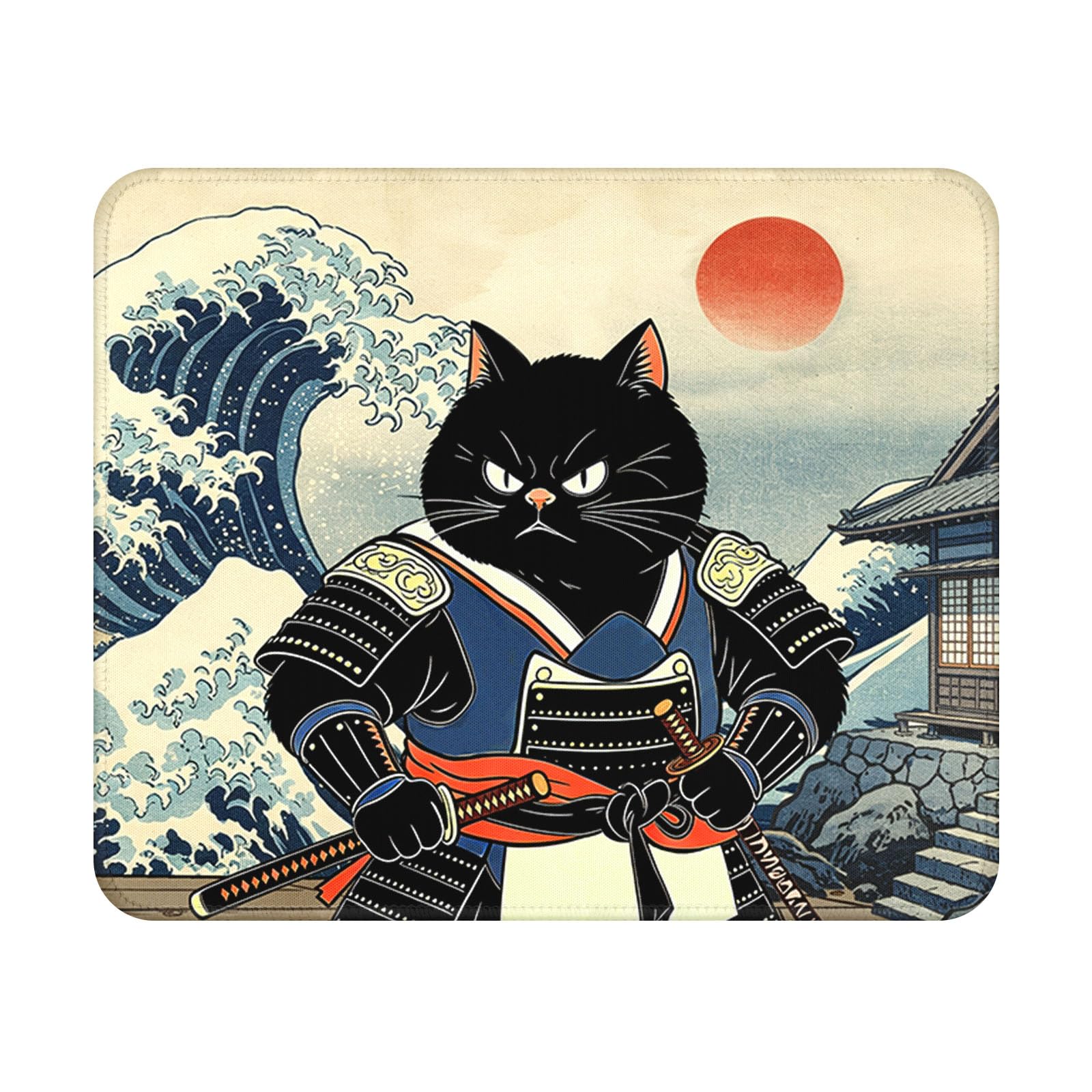 Japanese Black Cat Mouse Pad 9.5x7.9 Inch with Anti-Slip Rubber Base