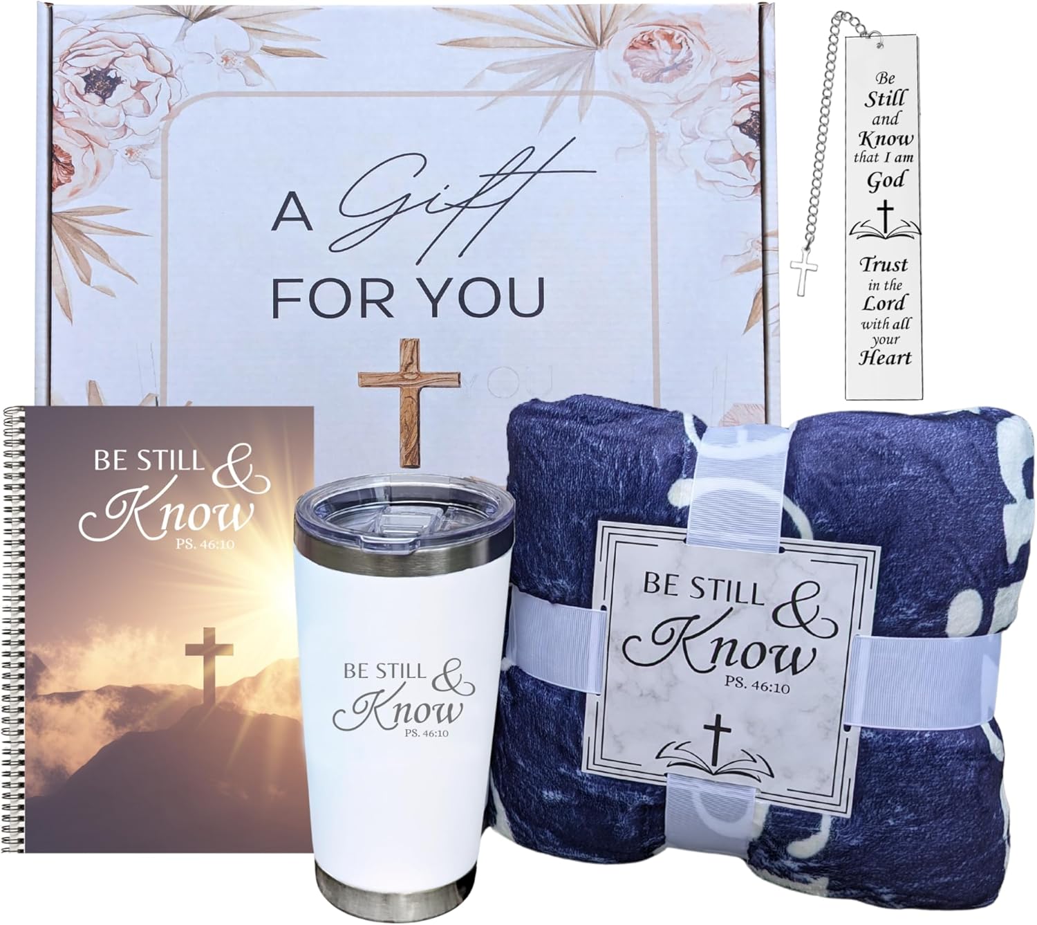 Christian Gifts for Women – Be Still and Know Faith Gift Box with Bible Verse Blanket, Journal, Bookmark & Tumbler – Inspirational Religious Gift Set for Encouragement, Recovery, Comfort (Rose)
