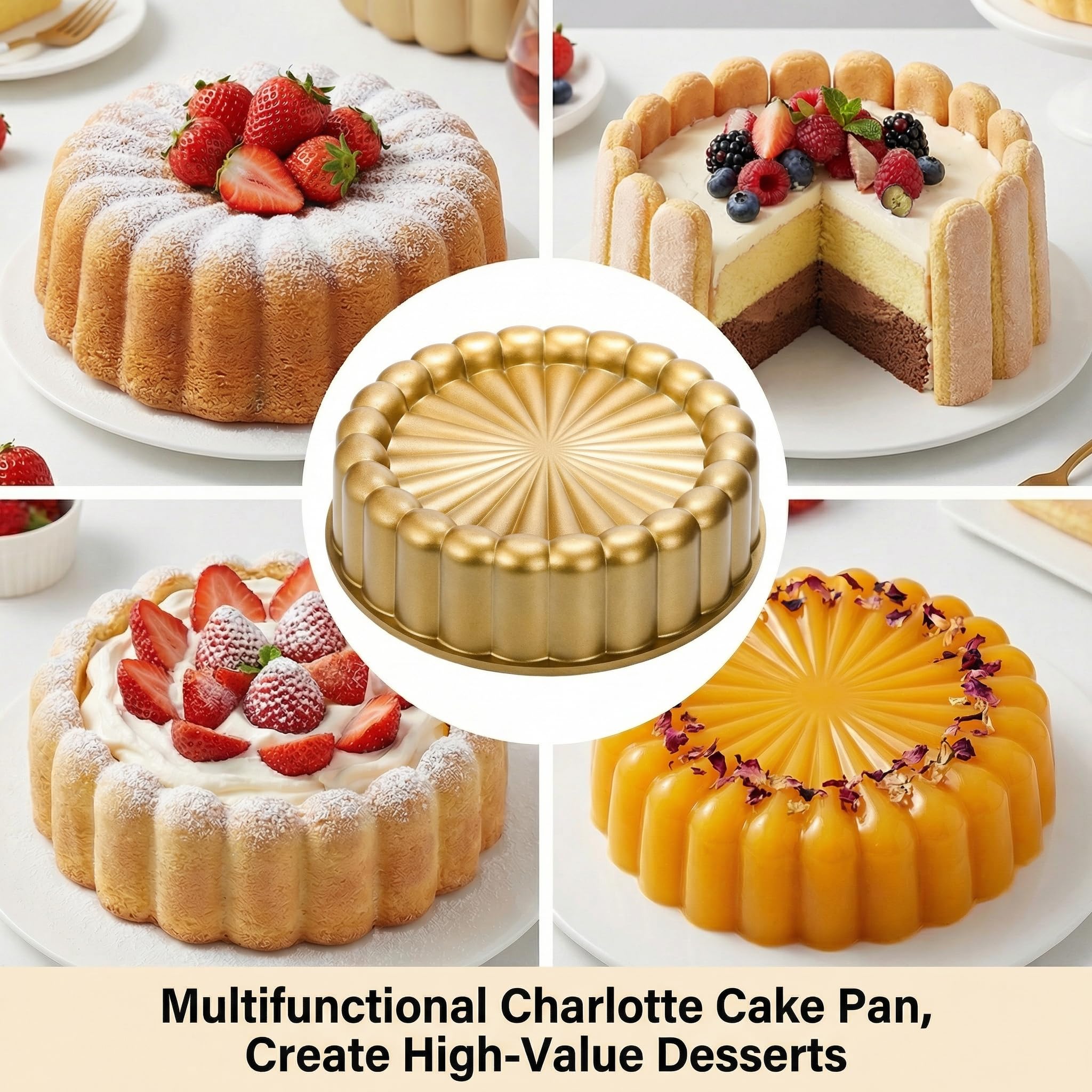 Goaste Molde Charlotte de 9.5 pulgadas, molde reutilizable estriado para tartas, moldes de aluminio antiadherente con forma de flor para pastel de queso, pastel de chocolate, pastel de fresa, pastel