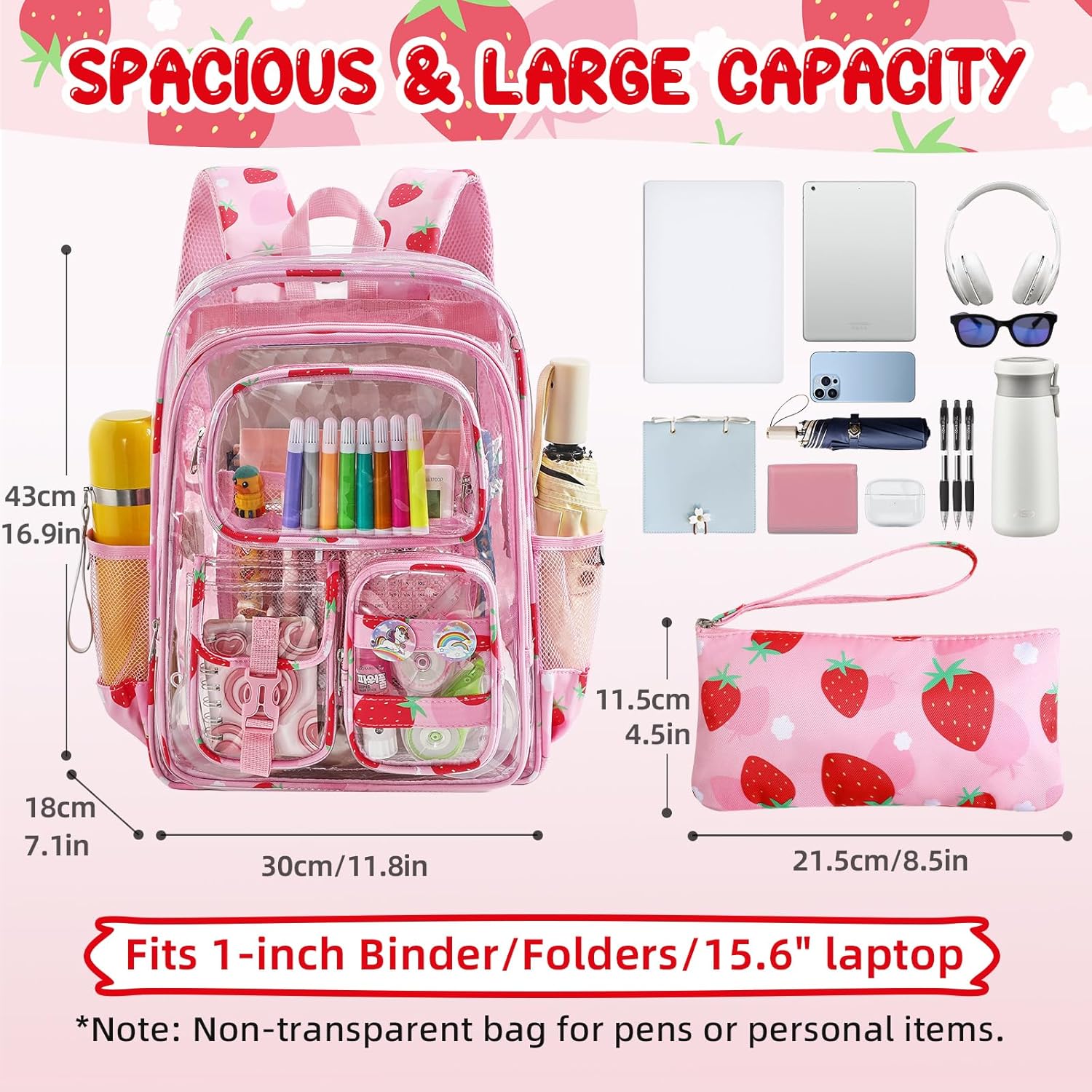 Clear Backpack for Kids, Strawberry Backpack for Girls, Water-Resistant See Through Bookbag with Chest Strap for Preschool Kindergarten College Travel Stadium Work Concert - Image 2