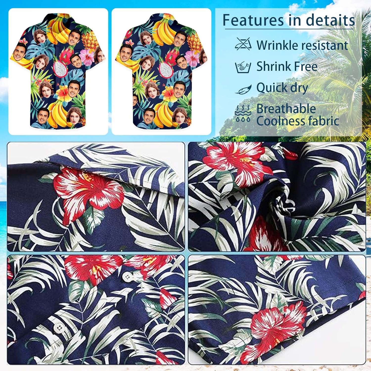 Custom Hawaiian Shirt W/Face for Men Personalized Funny Button Down Hawaiian Shirts w/Photo Tropical Beach Shirts - Image 4