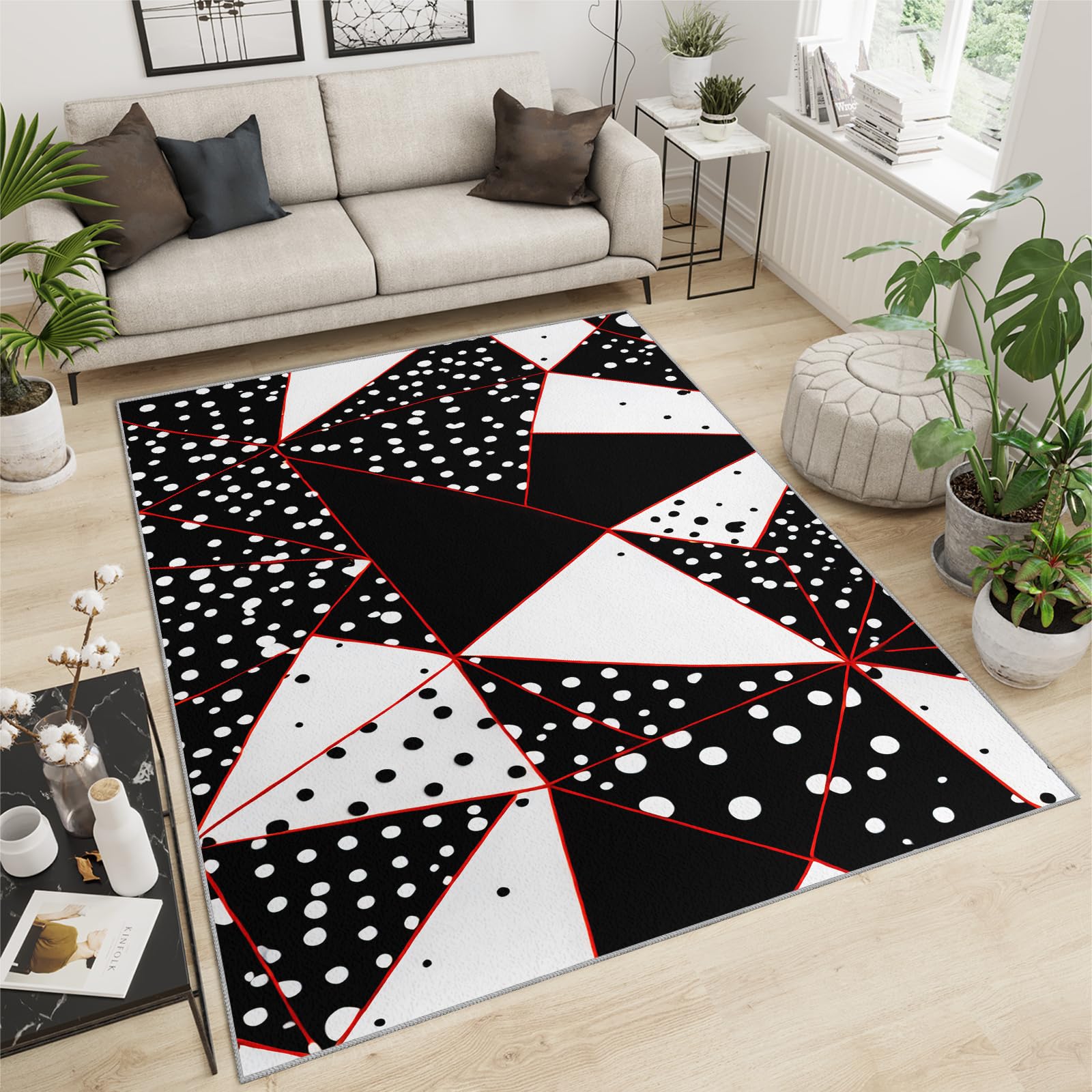 Tapis 160x230 cm géométrique noir blanc rouge en peluche courte pour salon