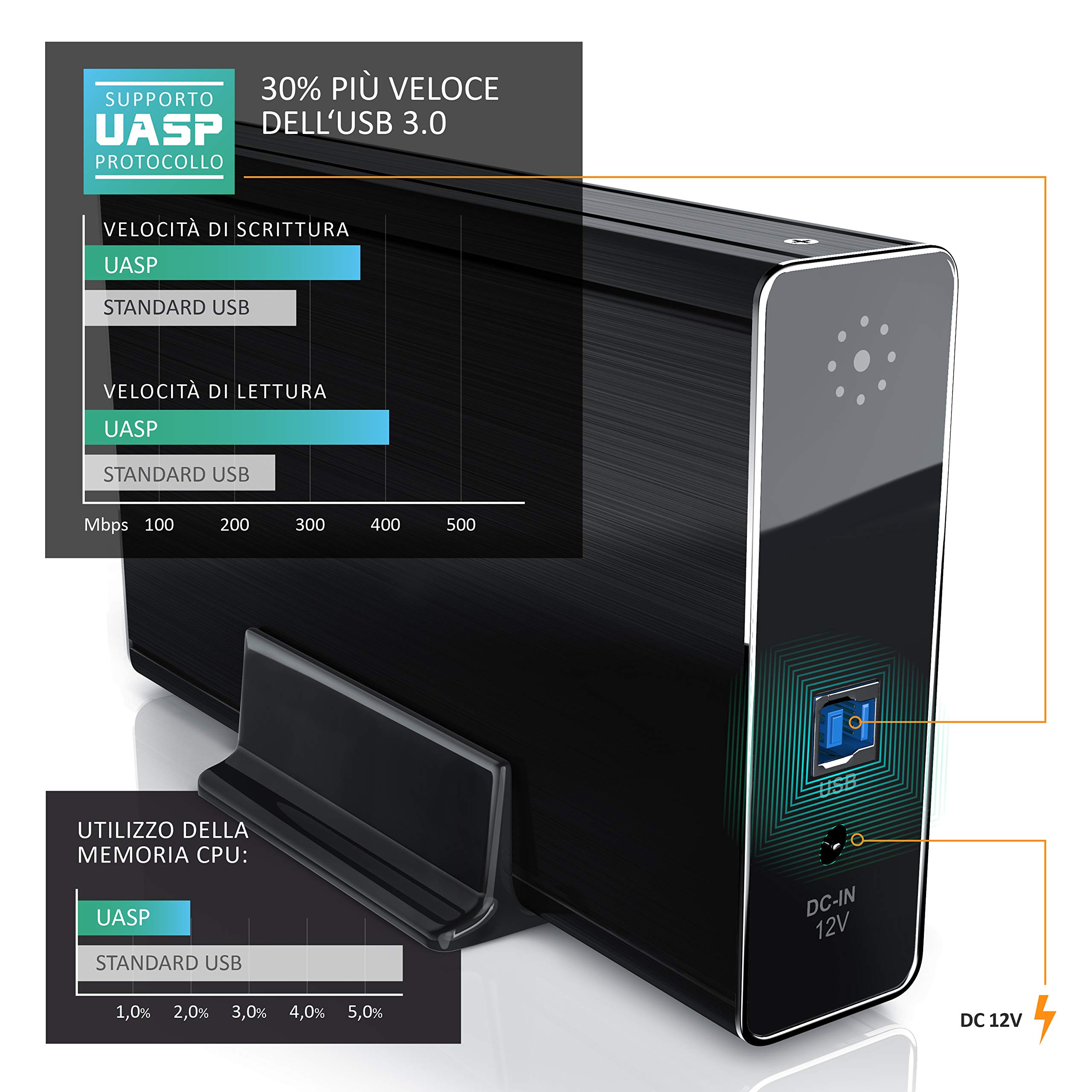 CSL - Case per Hard Disk 3.5 Pollici Esterno USB 3.0 - Custodia in Alluminio- per SSD e HDD - SATA - UASP - Super Speed 5 Gbit s - Plug e Play - Hot-Plug - con Alimentatore Incluso - Nero - Offerta