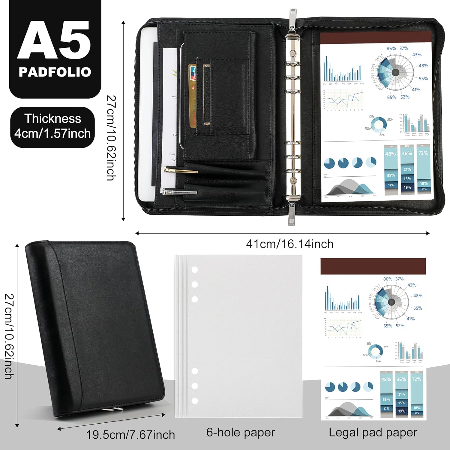 KISSKI Small A5 Planner Binder Portfolio for Men, 6 Ring Leather Zippered Padfolio Organizer with 1pc Notepad, Resume Document Folders for 5.5 x 8.5 Notepad, Tablet for iPad mini/iPad Air 2, Black