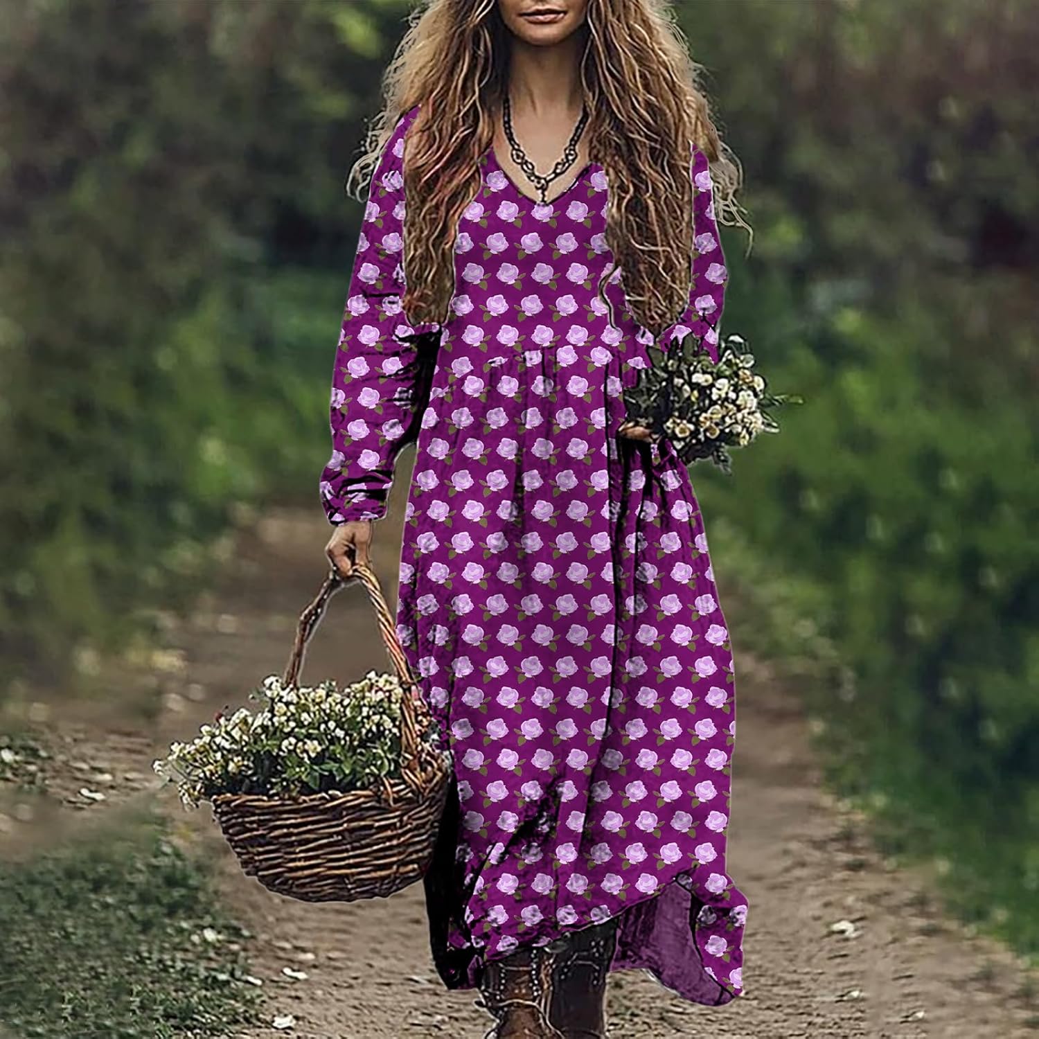 Vintage Tshirt Dress for Women 2025 Spring Boho Crewneck Long Sleeve Empire Waist Casual Western Midi Dresses - Image 2