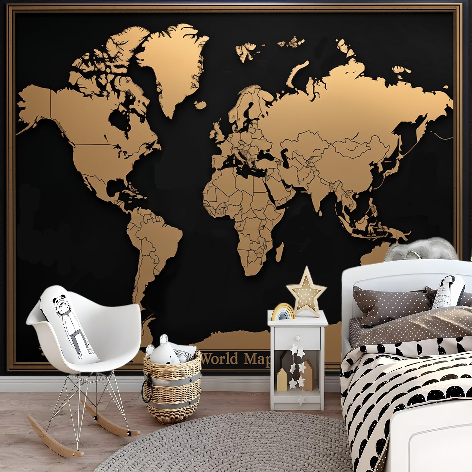 Papier Peint Intissé Photo Mural Carte du monde - Décoration Murale Toison pour Salon, Chambre à Coucher, Salle - Tableaux Tapisserie Photo - 300 x 210 cm Bordure noire
