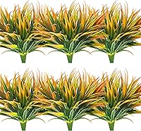 Vista 21 de 8 piezas flores artificiales de otoño para decoración al aire libre, plantas artificiales de otoño para exteriores, hierba amarilla artificial