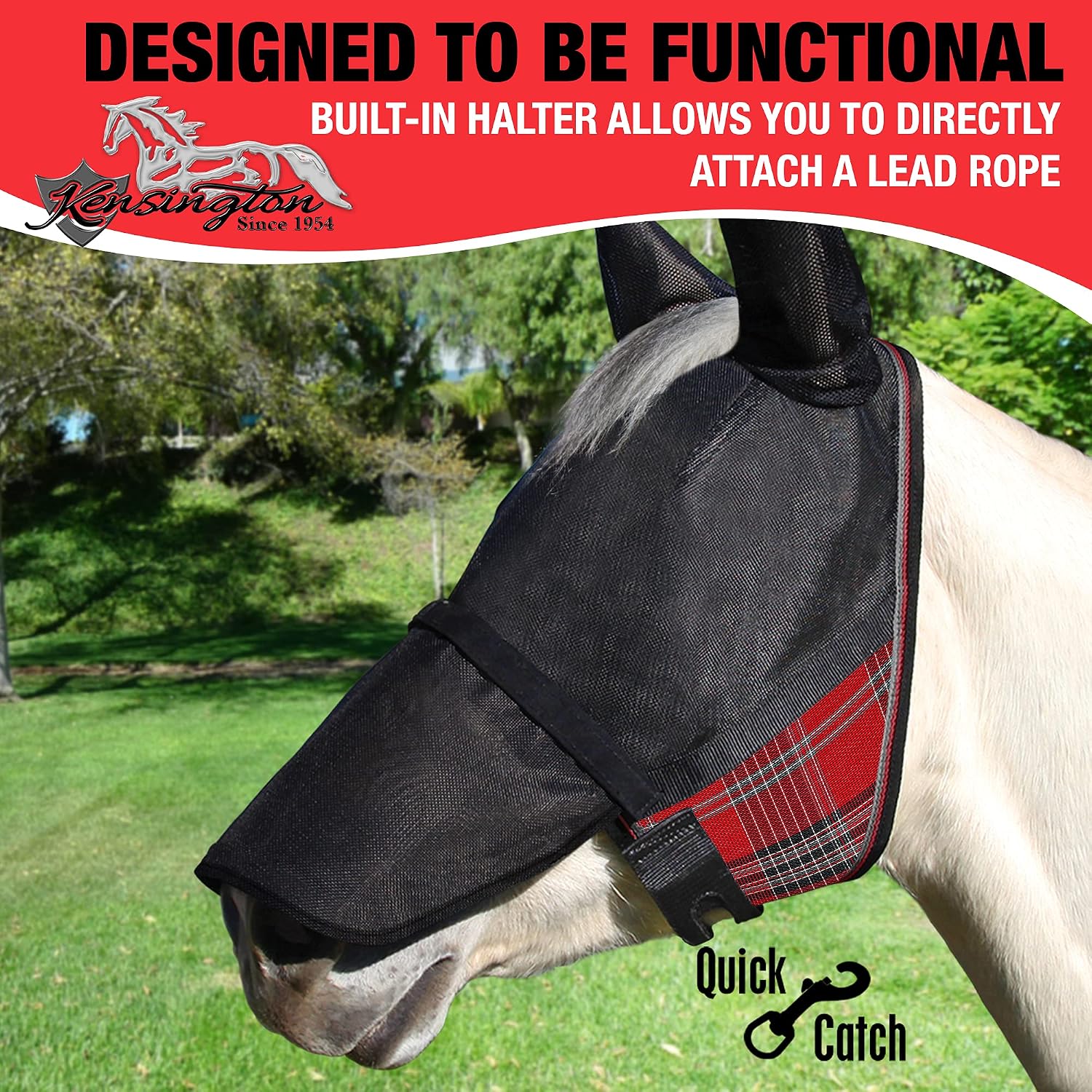 UViator Catch Mask w/Ears & Removable Nose & Forelock Opening deluxe-red / Medium - Small Horse (700-900 lbs)