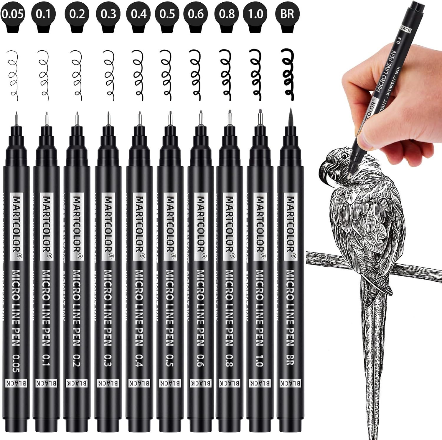 MARTCOLOR Micro Pen Fineliner Pens, 10 Size Fine Point Archival Black Ink Pens, Waterproof Multiliner Pen for Artist Illustration, Sketching, Art Drawing, Anime, Manga, DIY Gifts Projects