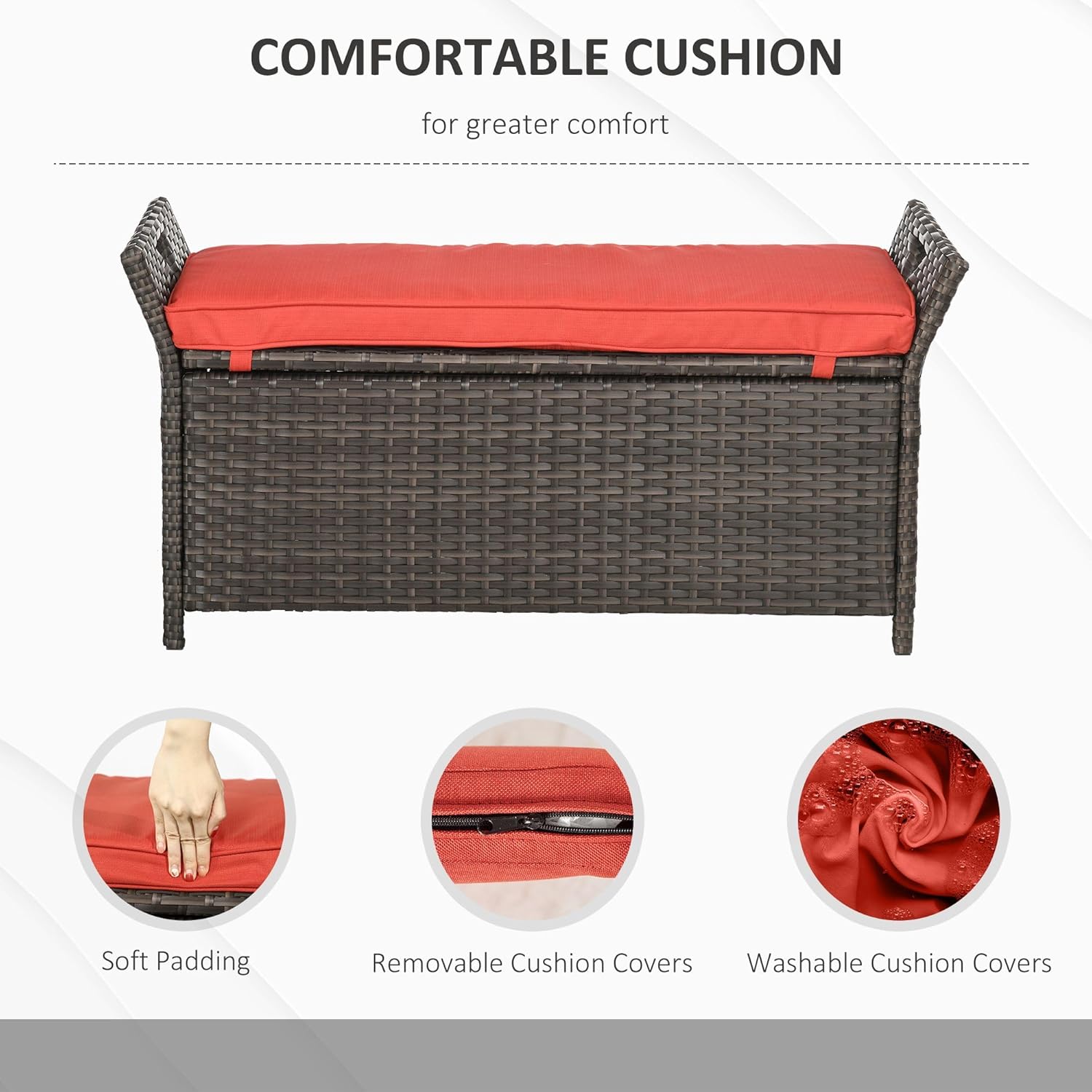 27Gallon Rectangular PE Rattan Storage Bench Red Weatherproof Heavy Duty with Hinged Lid Waterproof Outdoor Durable Furniture