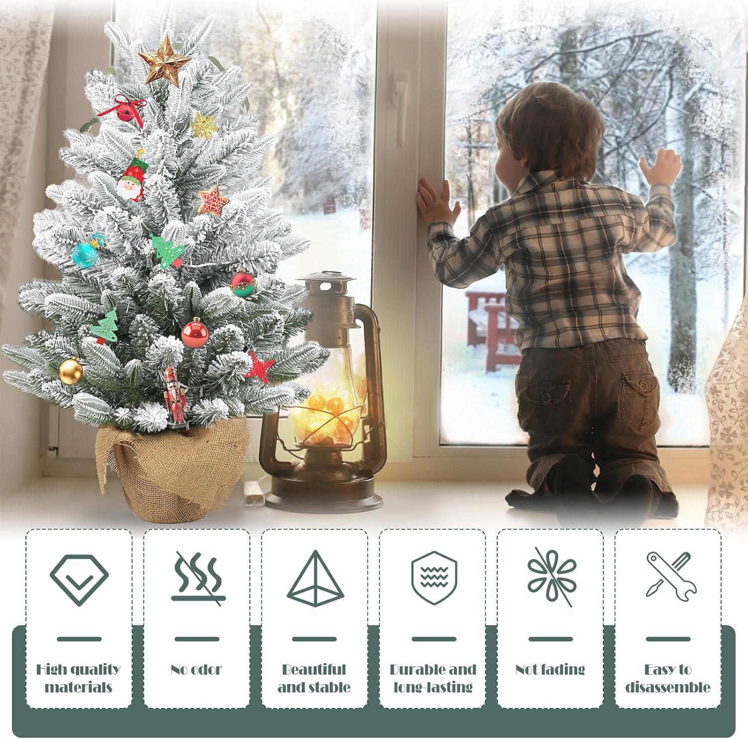 3ft Christmas Tree,Artificial Snow Small Pine Christmas Tree,Pre-lit Mini Flocked Tabletop Xmas Tree with 60 LED Lights and Cloth Bag Base