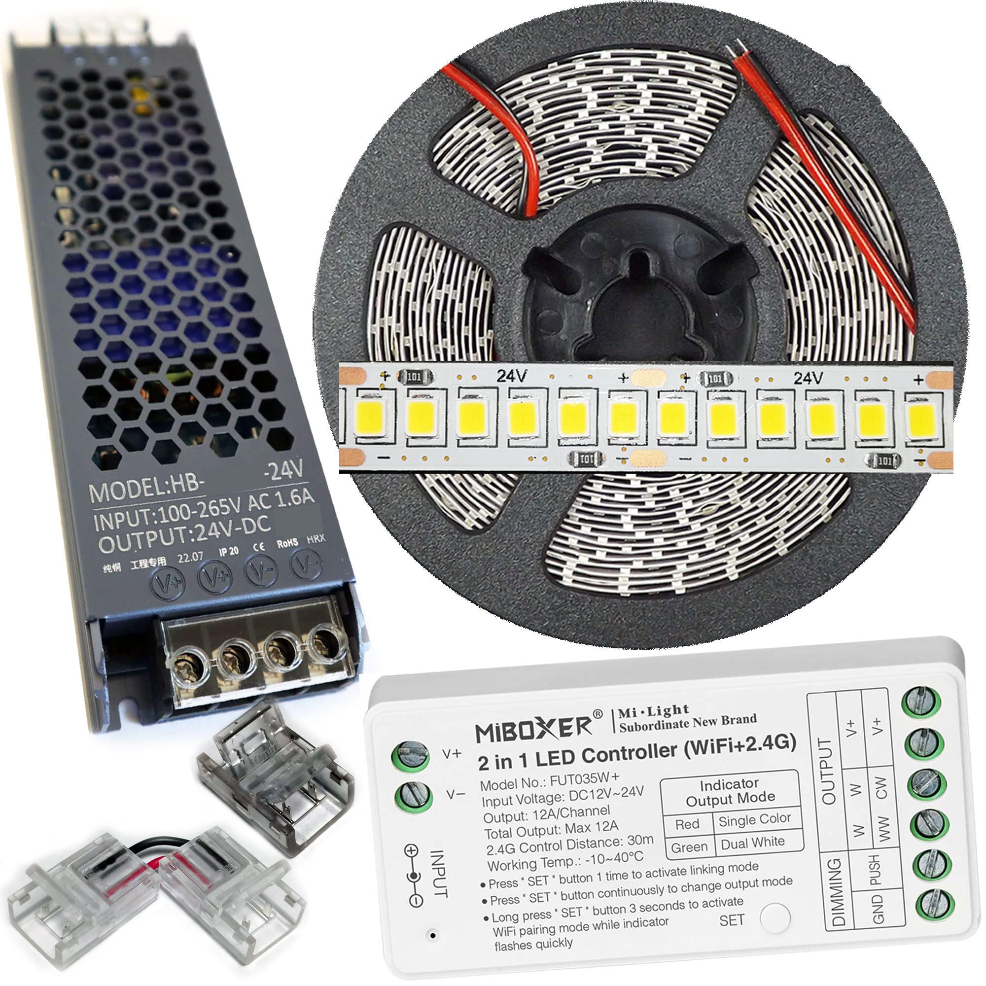 Striscia Led da 5 Metri + 1 Trasformatore Slim da 150w + 1 Controller Dimming Push e WiFi FUT035W Altissima Luminosità 24V Luce Bianco Naturale 4500k smd2835 ip20 Strip
