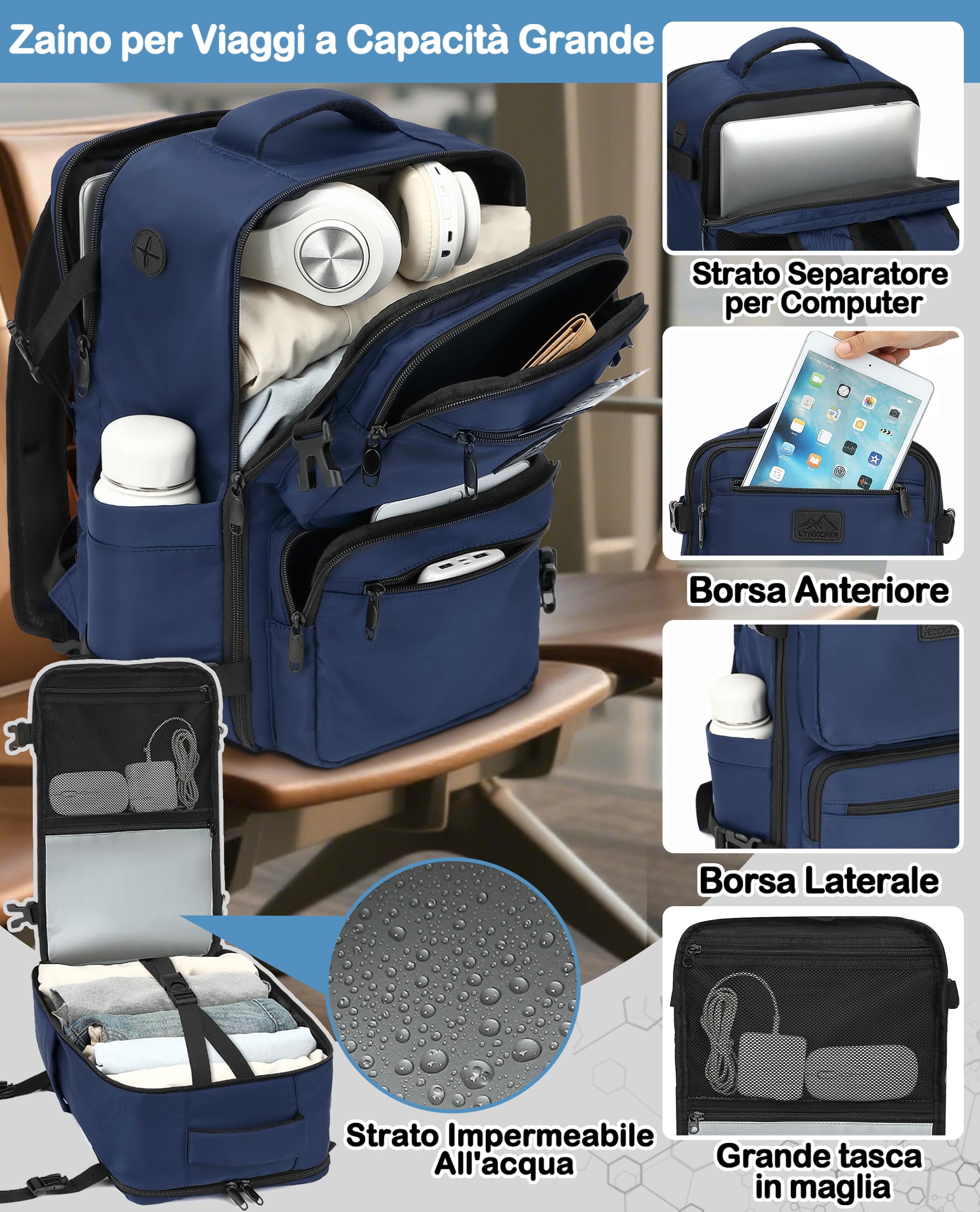 LYNXCHER Zaino Ryanair 40x20x25 da Viaggio Aereo Bagaglio a Mano 20L per Uomo e Donna Borsa da Cabina 14 Pollici Porta PC Blu Scuro