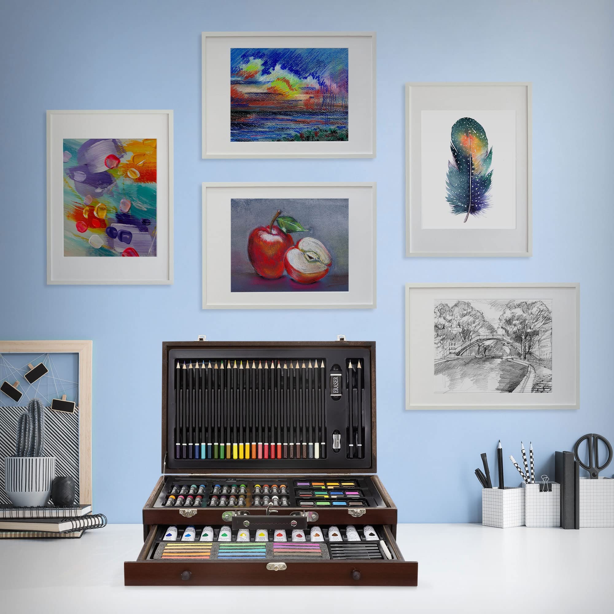 ECD Germany Set de Pintura 112 Piezas Maletín para Dibujar y Pintar Ideal para Adultos/Niños Set Profesional de Artista Incluye Lápices de Colores, Pintura de Óleo, Acrílicas, Ceras y Acuarelas
