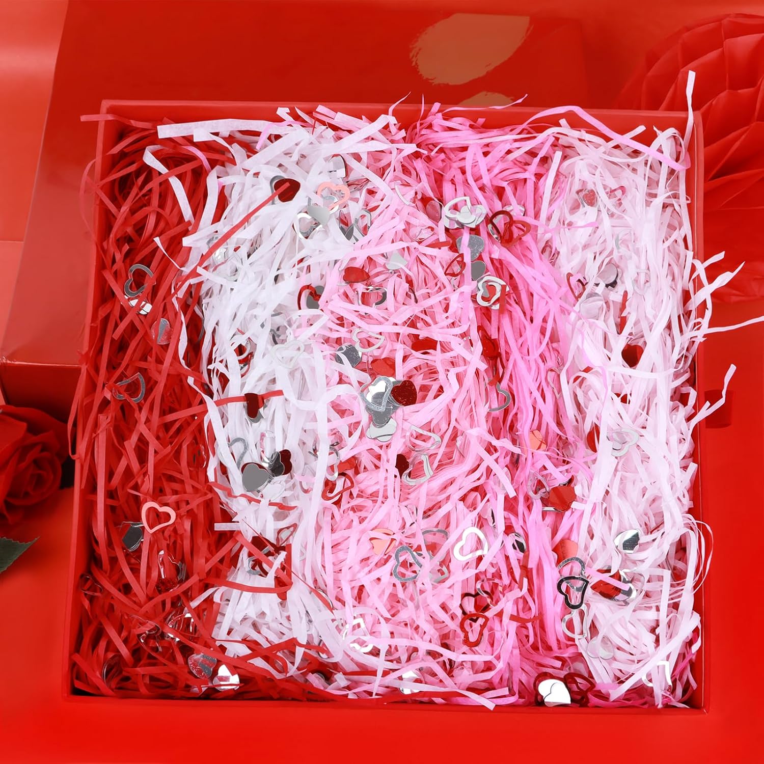 FOIMAS Valentine's Day Shreded Craft Paper Filler,11.6oz Red Pink Raffia Paper Grass with Heart Confetti for Gift Box Filler Basket Stuffer Valentine's Day Packaging Supply - Image 2