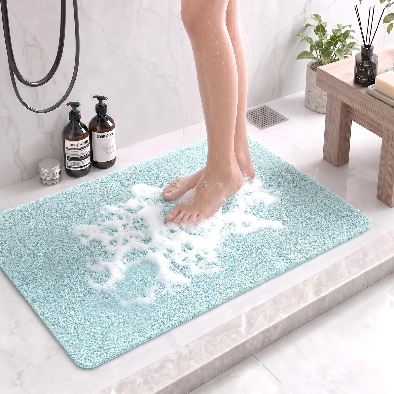 BLESWIN Loofah Shower Mats Non Slip PVC for Inside Shower 40x80CM Green