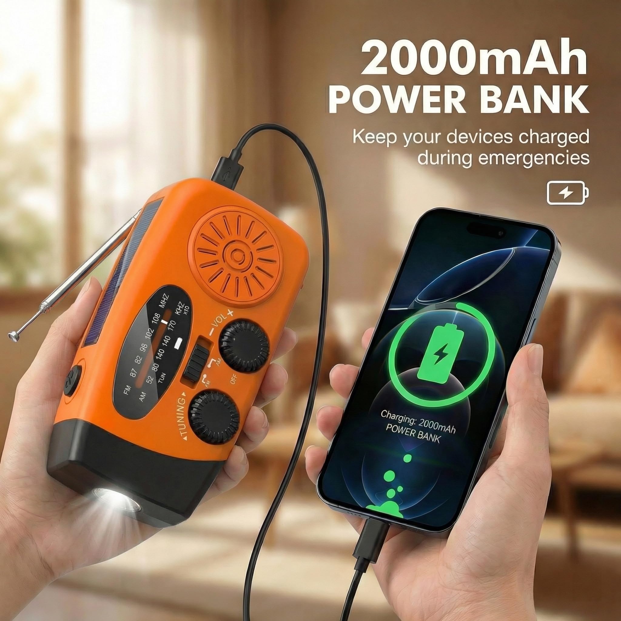 Notfallradio, Kurbelradio mit 2000mAh Power Bank & Solar, AM/FM Radio mit SOS-Alarm Leselicht, Innen Außen Camping