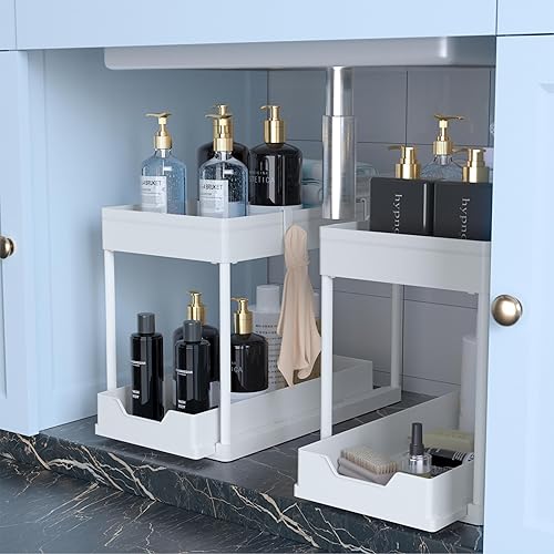 Organizador para debajo del fregadero, paquete de 2, organizador de baño extraíble, organizador de baño y cocina deslizable de 2 niveles y