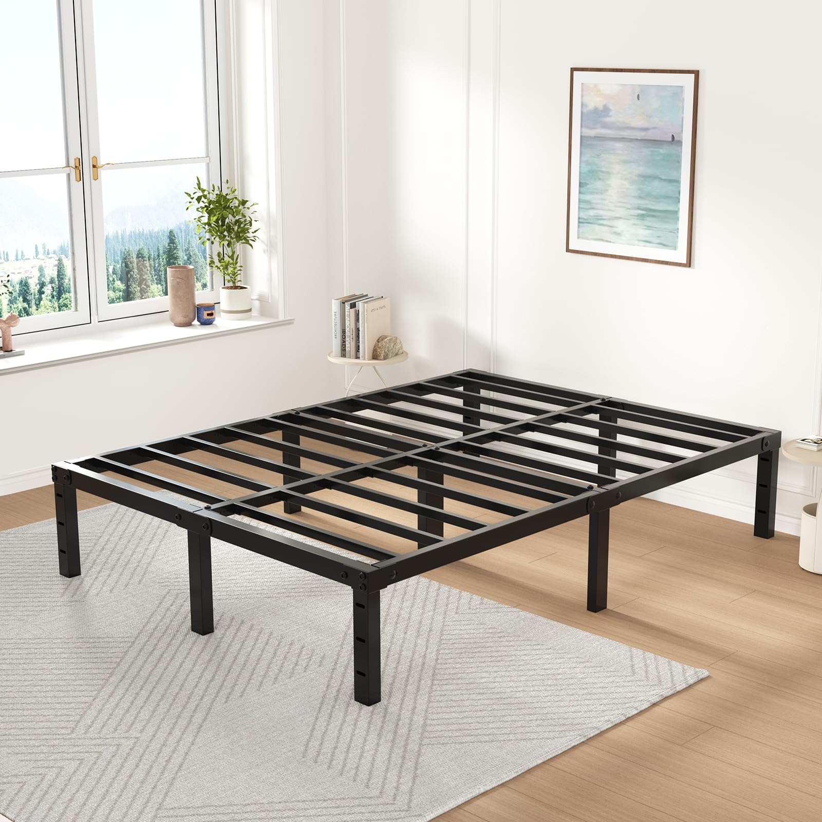 Twolike Queen Metals Bed Frames, Bed Frames with Underbed Storage, Steel Slat Support,Anti-Noise Foam Stickers, Easy Assembly,14 Inch Queen