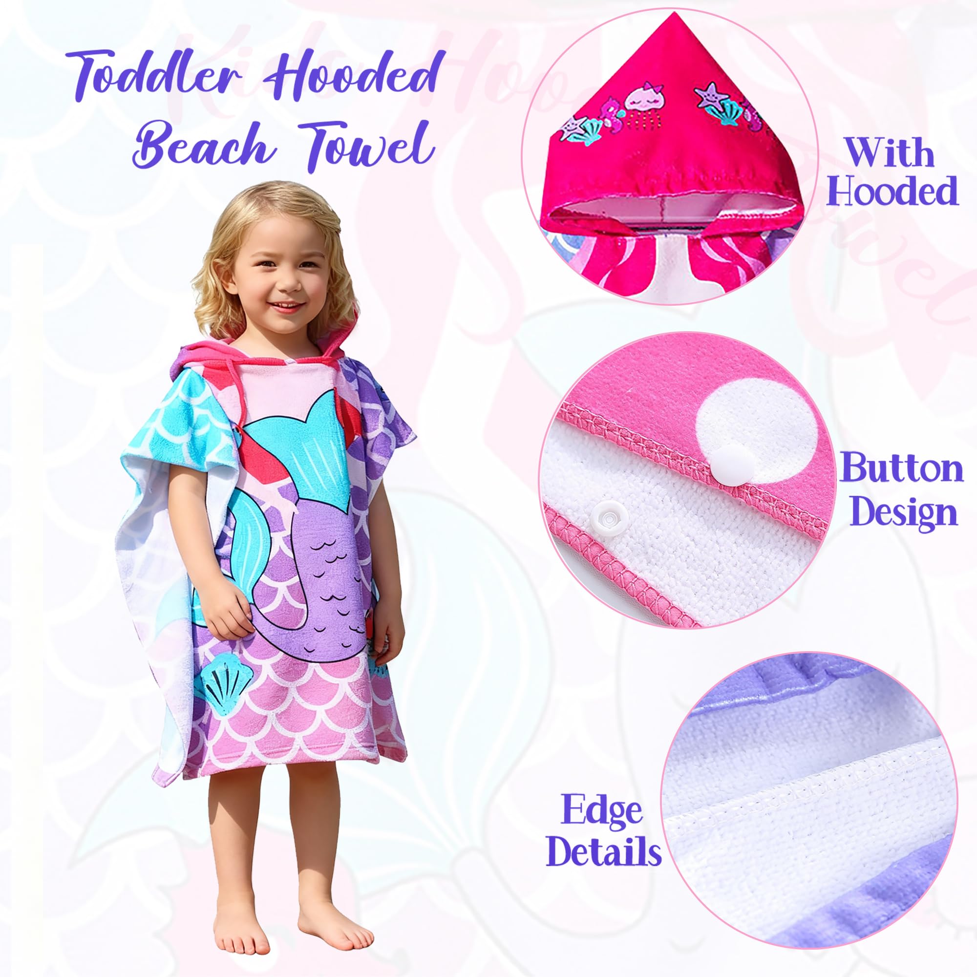Toalla de playa con capucha para niñas de 2 a 4 años, toalla de baño con capucha, toalla de piscina de microfibra absorbente, toalla de poncho de 24 x 24 pulgadas