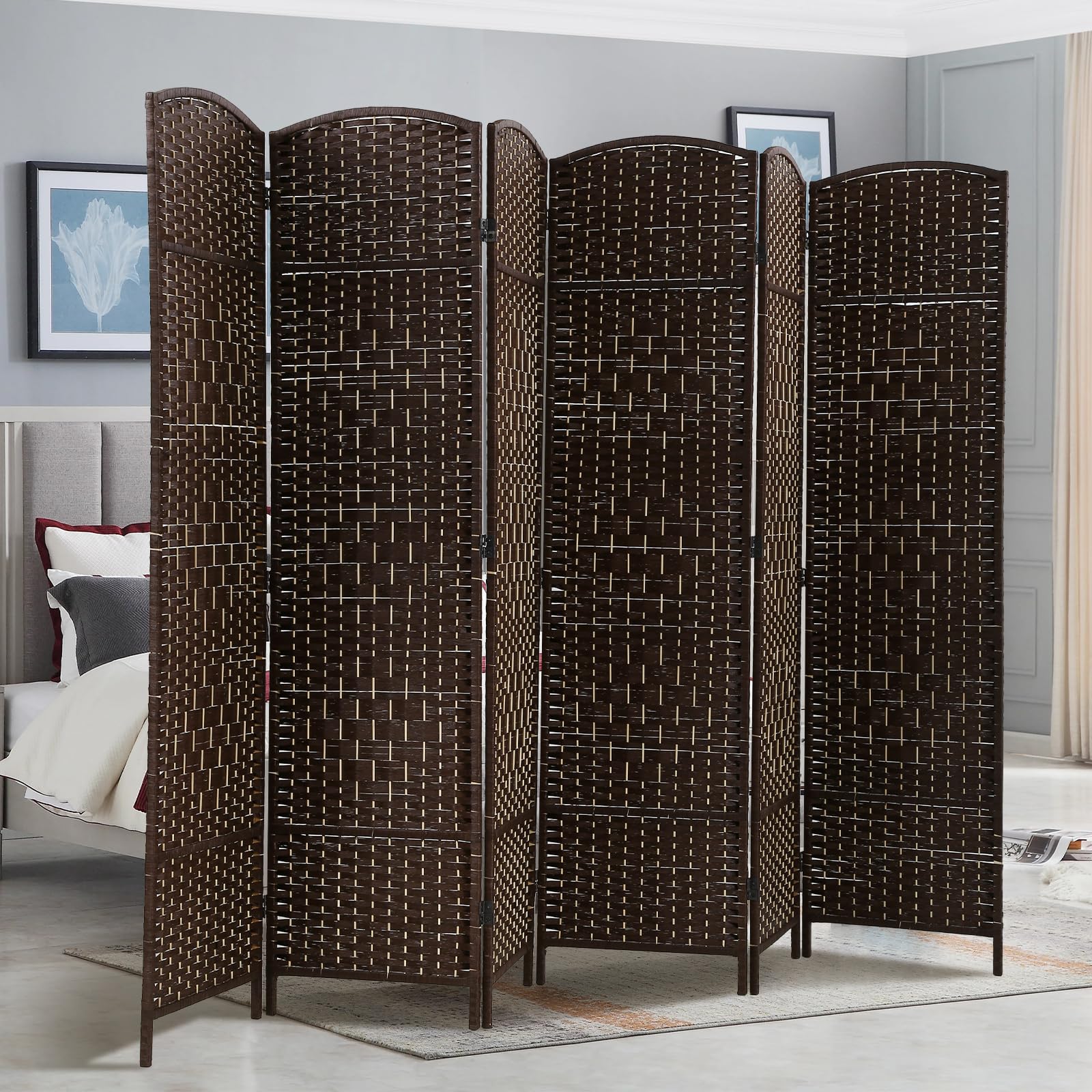 6 Panel Room Divider Folding Privacy Screens 6 FT Tall Wall Divider Indoor Portable Partition Wood Room Screen, Brown