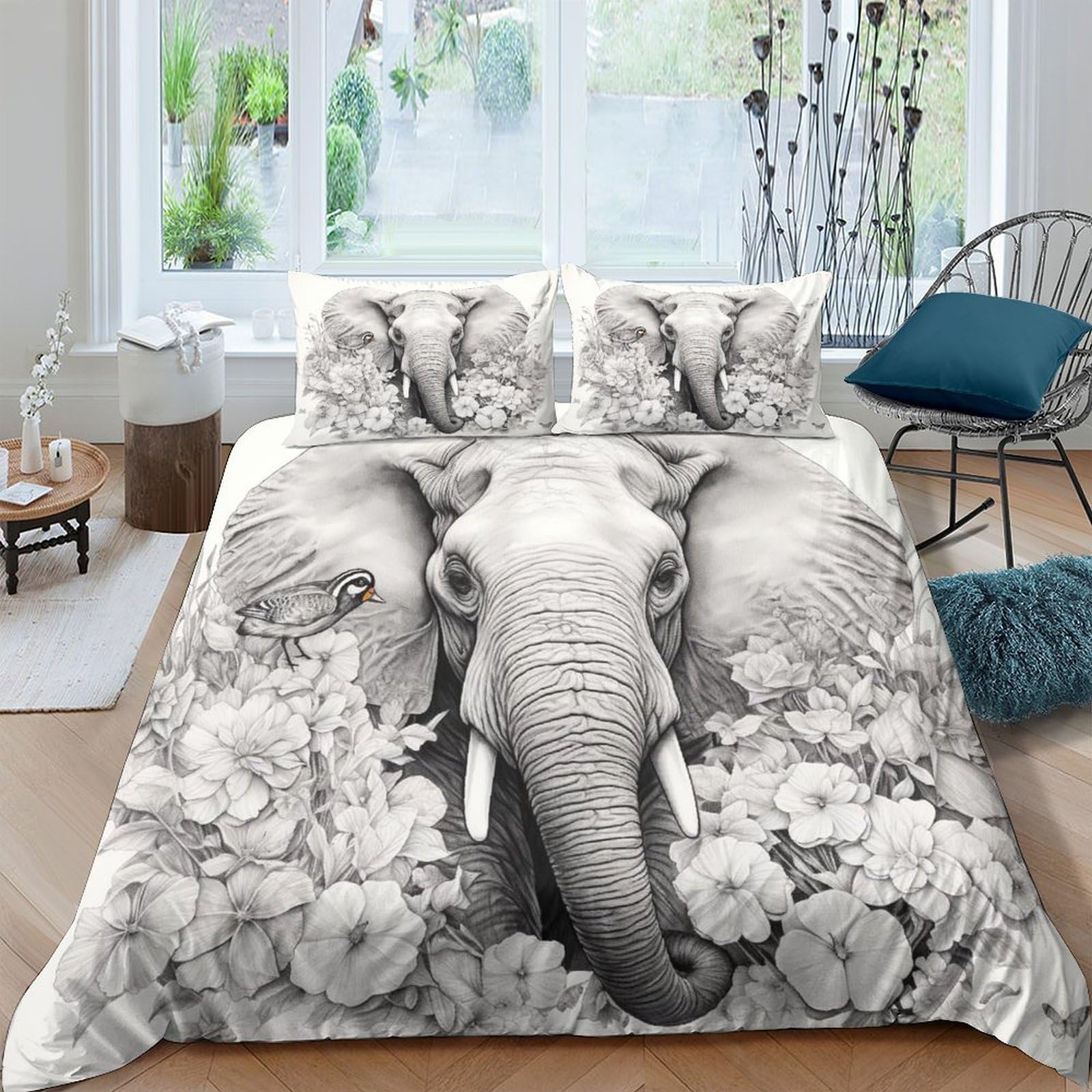 HOTGE Sketch Elephant 3D Printed Duvet Cover with Pillowcases Bedding Set with Zipper Galaxy Starry Sky Soft Microfiber Quilt Cover Set For Adults And Children Double（200x200cm）