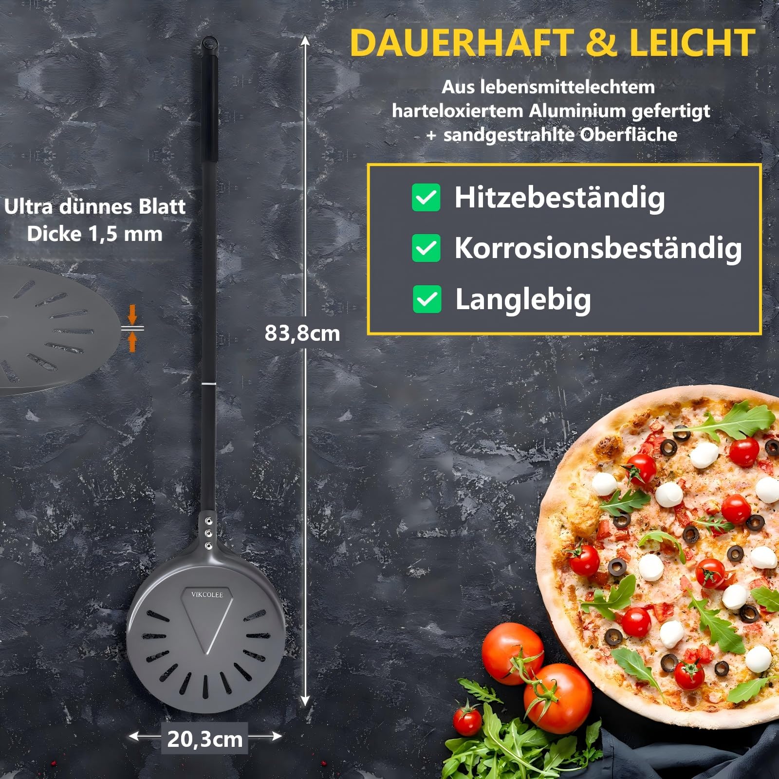 Drehspachtel für Pizza, 20.3 cm rechteckiger Drehspachtel für Pizza, professioneller eloxierter Aluminium-Pizzaspachtel, 84 cm insgesamt