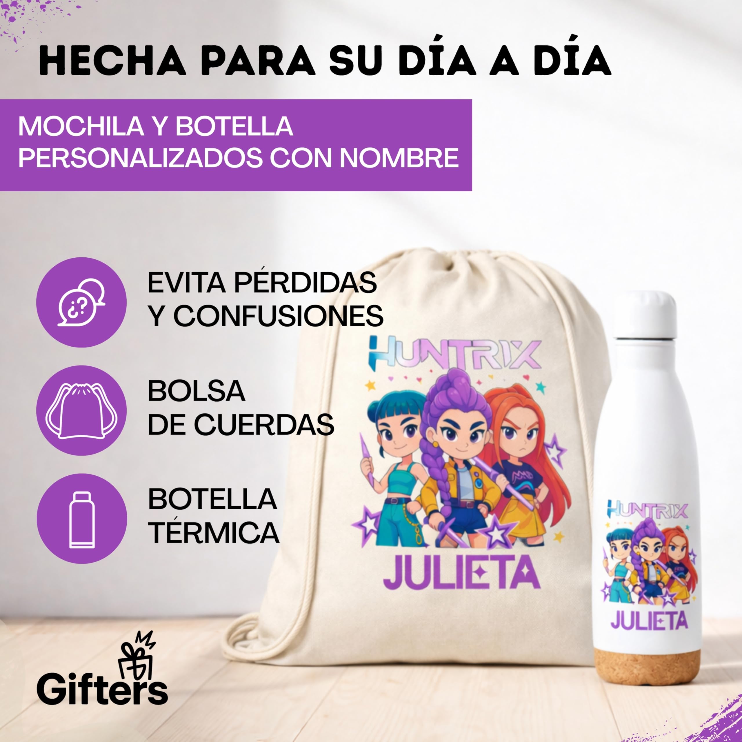 Pack Mochila de Cuerdas y Botella Personalizadas KPOP con Nombre Bolsa tela 34x42 cm Botella Acero Inox 750 ml