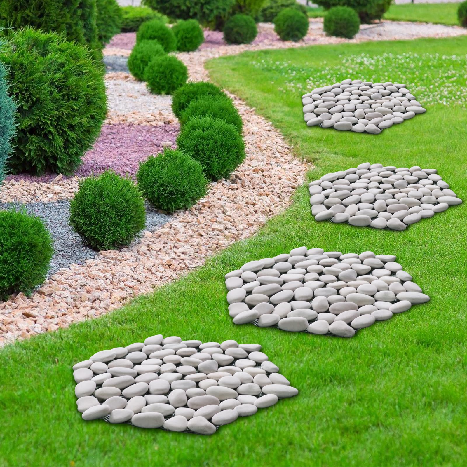 Juego de 6 piedras de río de 10 pulgadas, guijarros pulidos, respaldo de malla de PVC de larga duración, perfecto para caminos de jardín y césped, decoración de paisajismo al aire libre, rombo