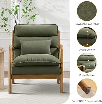 EBELLO Modern Accent Chair with Lumbar Pillow, Armchair with Double-Layered Cushion & Curved Arms, Solid Wood Frame Reading Chair for Living Room, Bedroom, Green