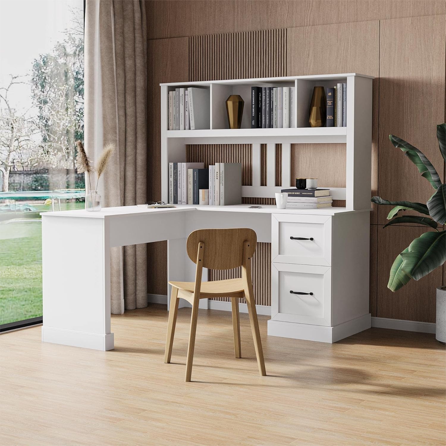 L Shaped Desk with Hutch, Home Office Computer Desk with Storage Rack Drawer for Home, Office (White)