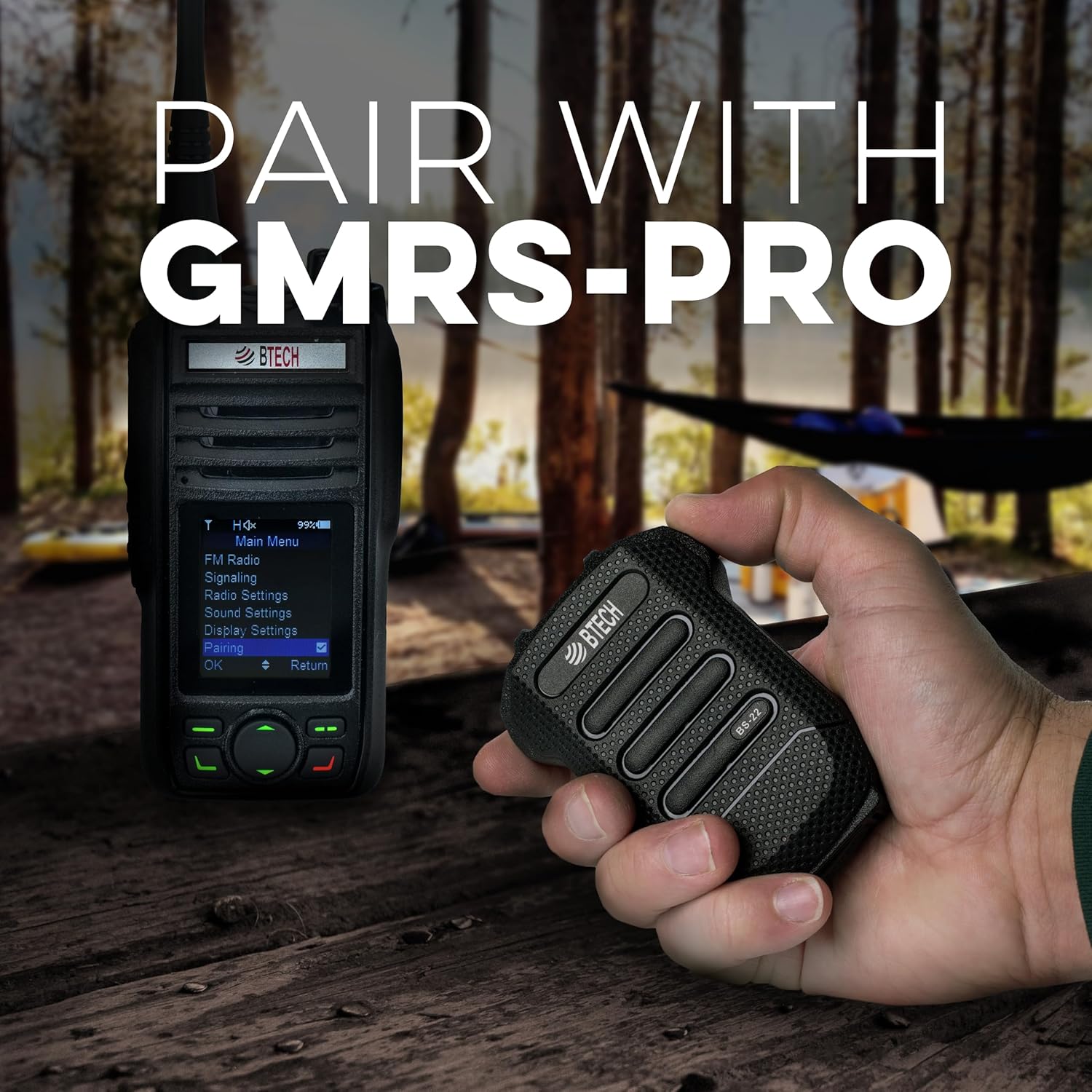 A hand holding the BS-22 Wireless Speaker Mic next to a BTECH GMRS-PRO radio displaying its 'Pairing' menu