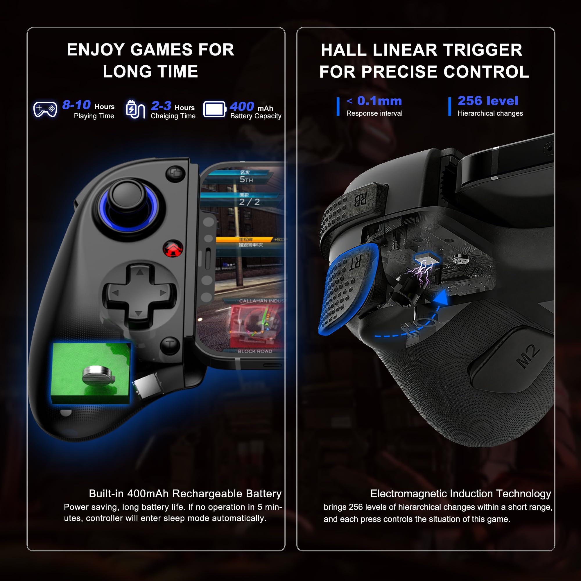 Megadream Mobiler Gaming-Controller für iPhone/iPad/Android/Tablet, Kabelloser Android-Gamepad mit Hall-Trigger/Makro/Turbo, für Xbox/PS5/PS4/PC (Schwarz)