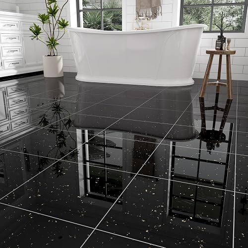30-Pack 30 Sq.Ft Peel and Stick Floor Tiles Vinyl Glossy Pattern Flooring, 12” x 12” Self Adhesive Vinyl Flooring DIY for Kitchen, Bathroom, Laundry, Polish Black Galaxy Marble