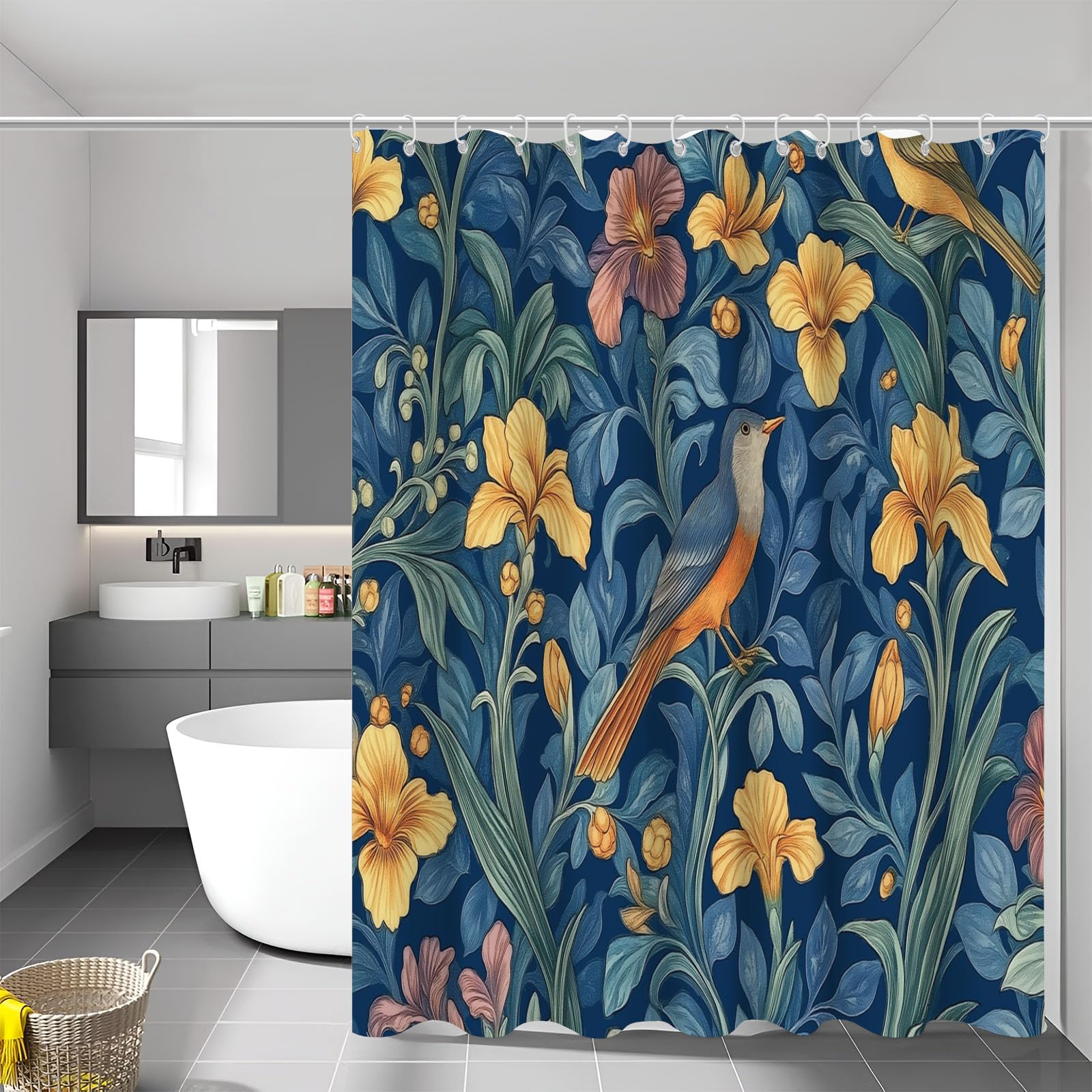Rideau douche polyester lavable et anti-éclaboussures 150x180 cm motif iris oiseau