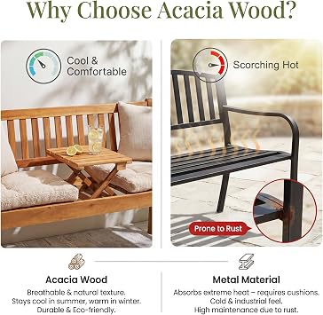Devoko Acacia Wood Outdoor Bench, 2-Person Garden Bench with Pull-Out Table