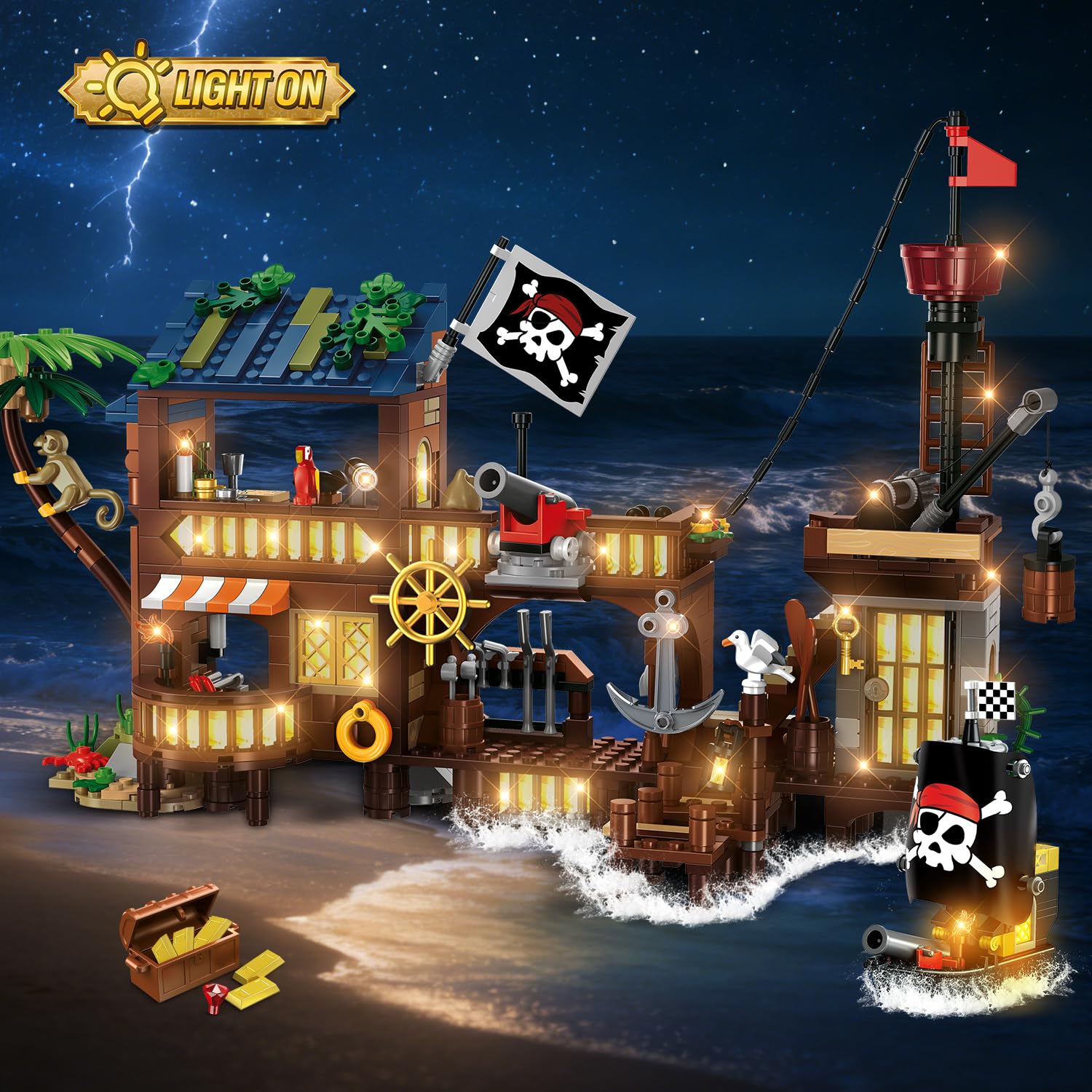 HOGOKIDS Set di costruzioni Porto dei Pirati LED, 3 modalità di visualizzazione, Nave dei Pirati, Giocattolo di costruzione creativo STEM, compleanno per bambini dai 6 ai 12 anni