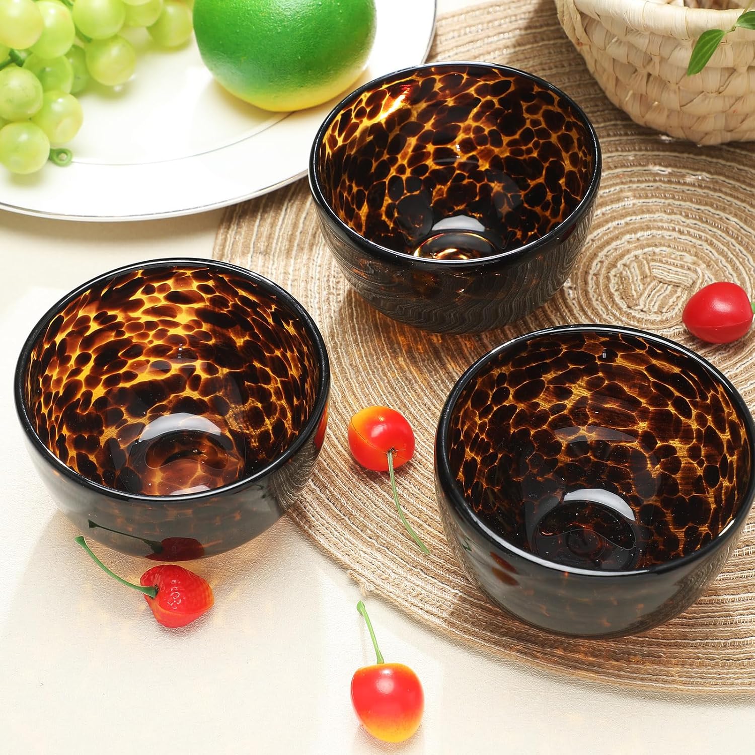 4 Pack 4 Inch Tortoise Print Glass Bowl (Hand Wash Only) Snack Bowl for Kitchen Tableware and Accessories Soup Salad, Pasta, Oatmeal, Fruit