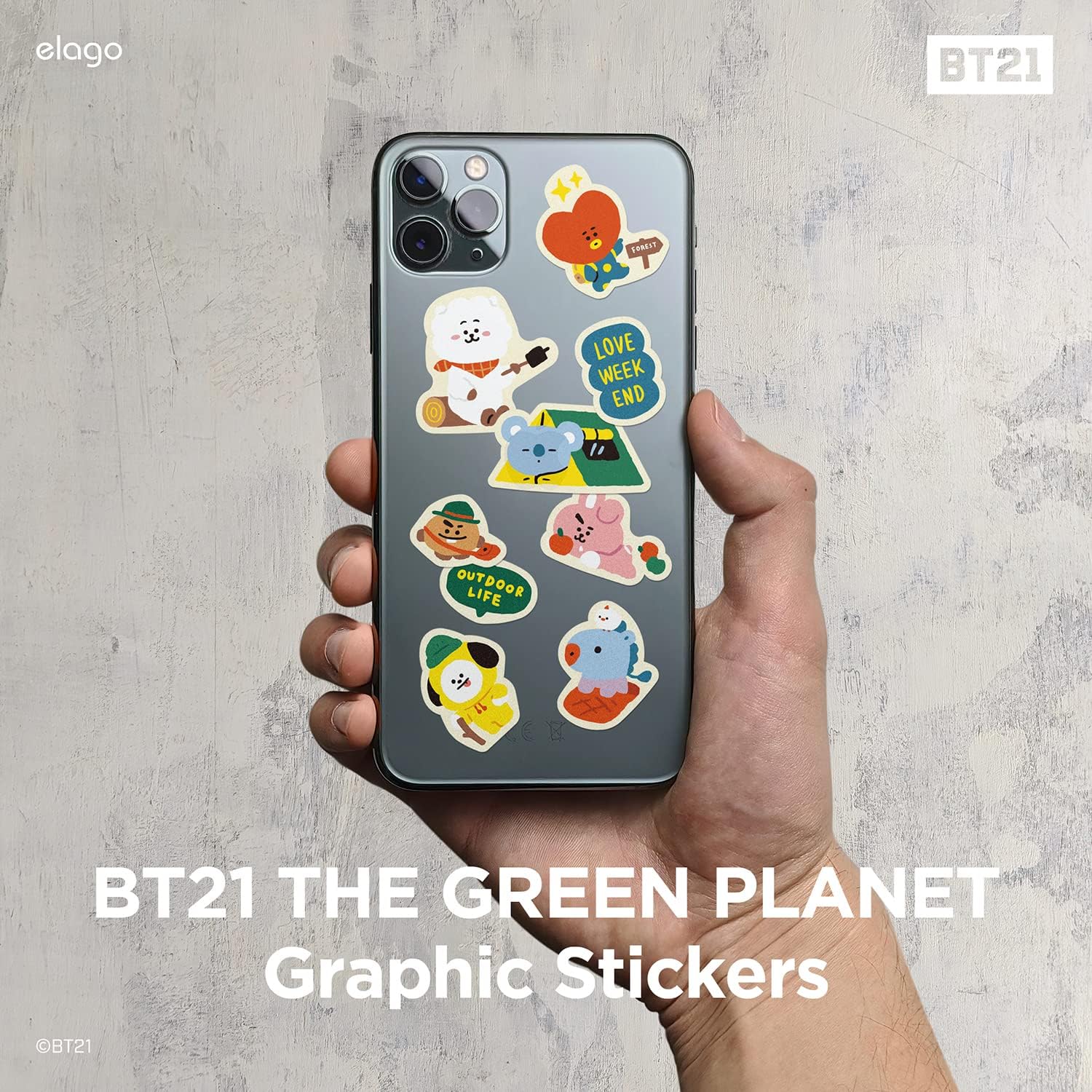 elago l BT21 Green Planet Hybrid Case Compatible with iPhone 13 Mini 5.4 inch, Durable Full Body Protection, Raised Lip (Screen & Camera Protection) [Official Merchandise] (Forest)