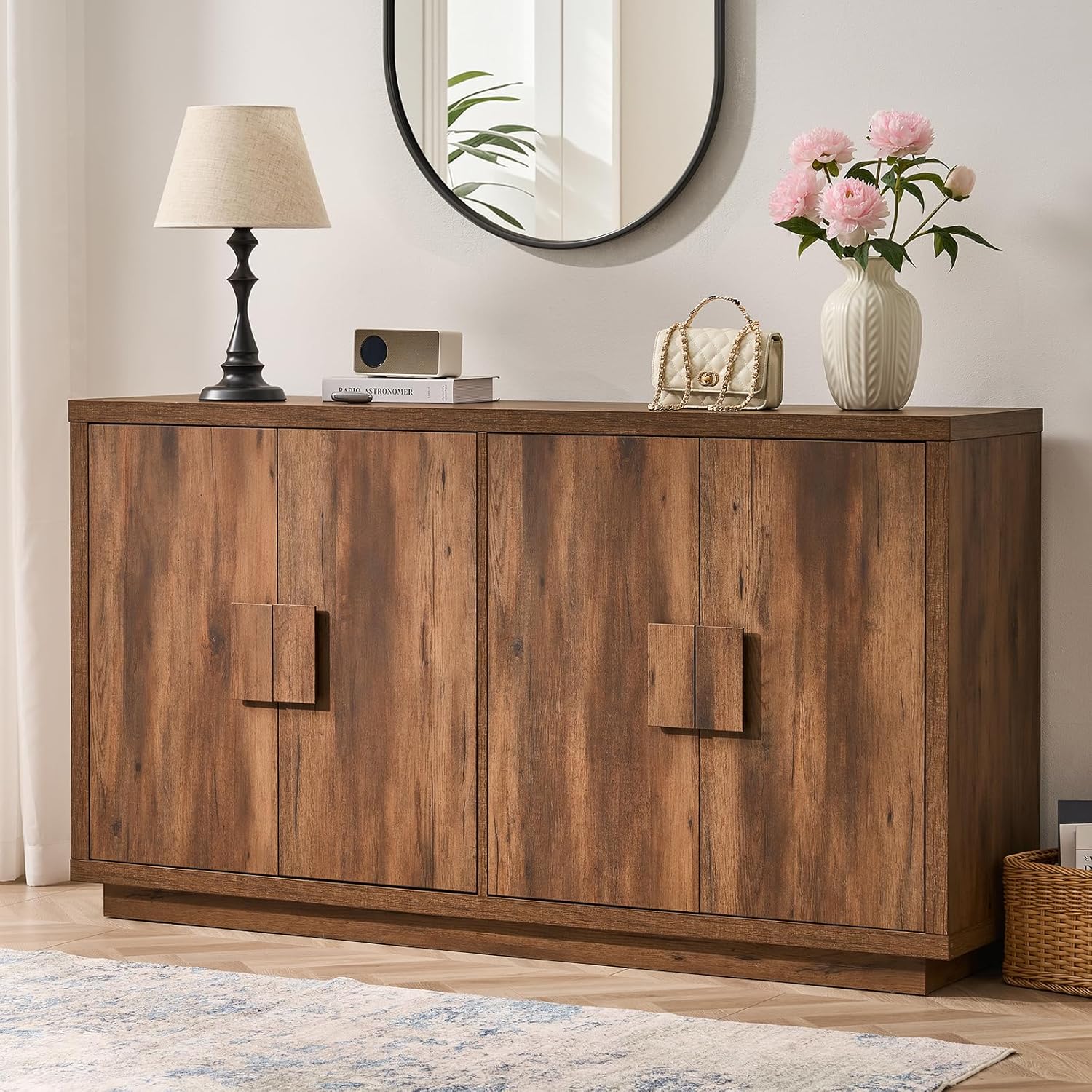 ONBRILL Buffet Cabinet with Storage, 63" Sideboard Cabinet with 4 Doors & Shelves, Wooden Kitchen Coffee Bar Credenza Storage for Living Room, Hallway (63" Wide)