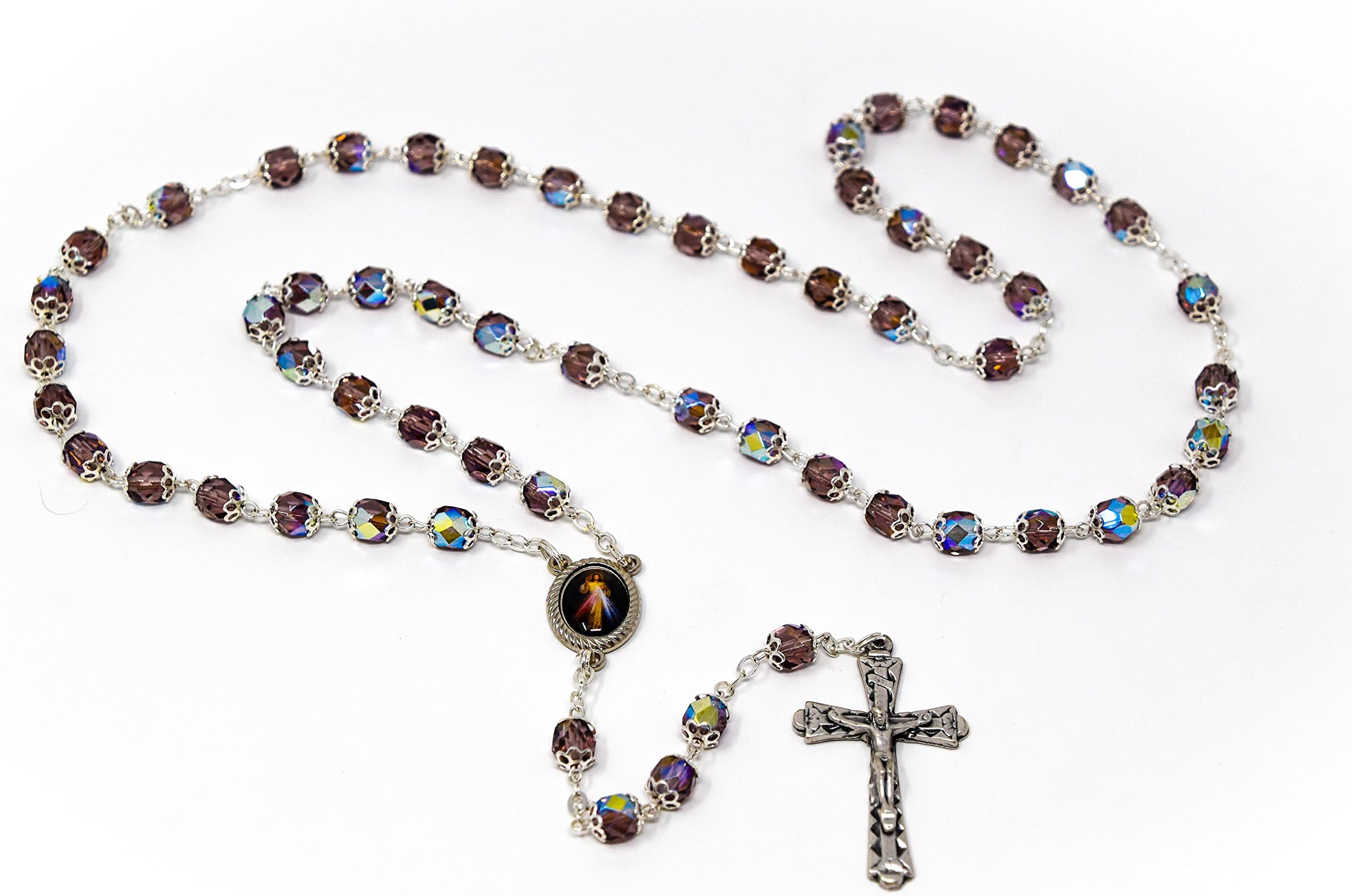 Divine Mercy Rosary Beads with Amethyst Crystal Beads, Colourfull Divine Mercy Centre - Catholic Rosary Beads from Italy & Lourdes Prayer Card