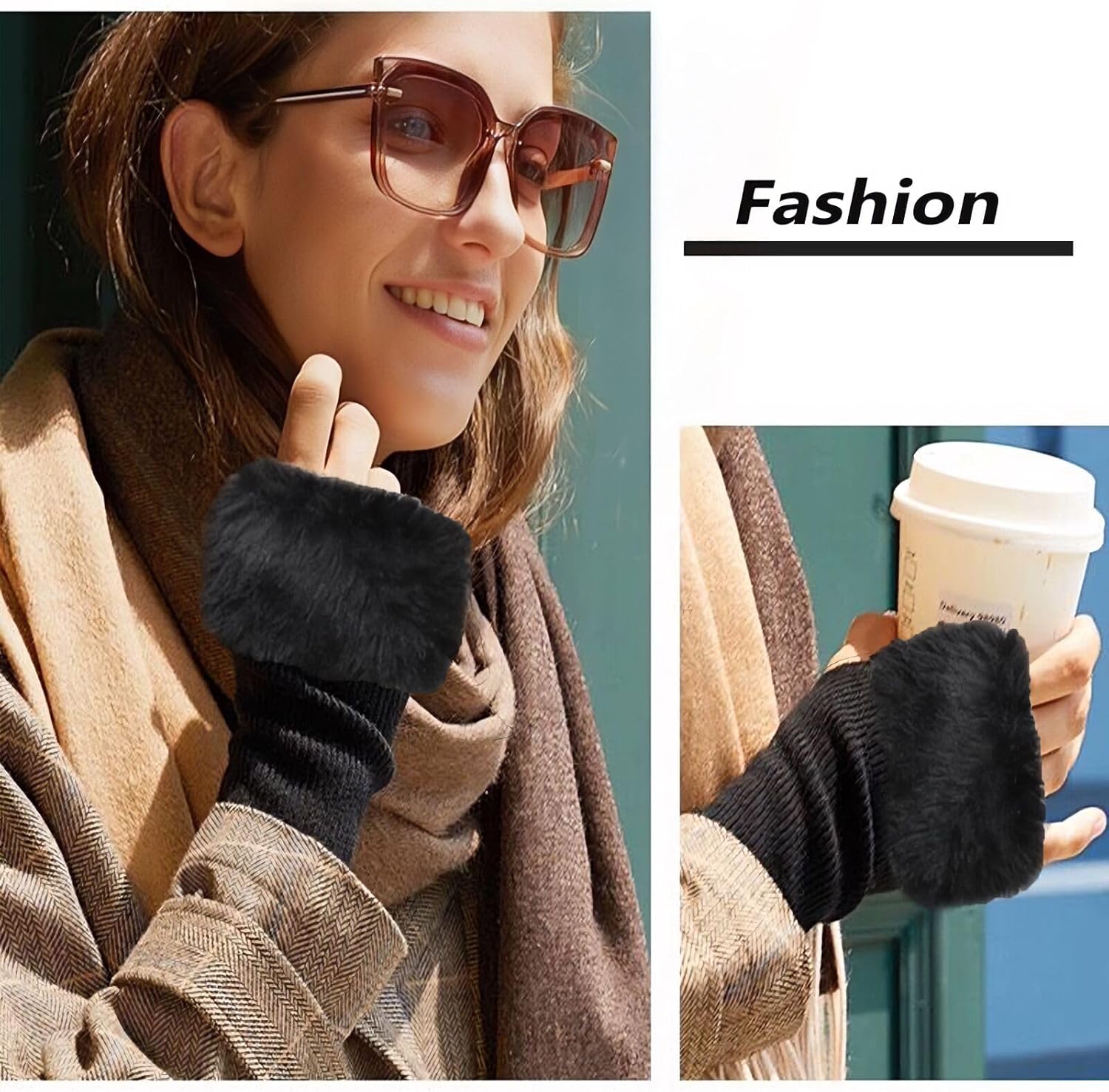Winter Women Fingerless Gloves Knitted Arm Warmers Hand Mittens ThumbHole Faux Fur Wrist Short Cuff for Women - Image 6