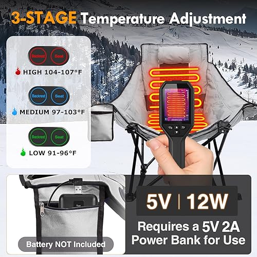 Miniatura 4 de Slendor Silla mecedora con calefacción para acampar con relleno y almohada, 3 ajustes de calor ajustables, silla de campamento plegable portátil de