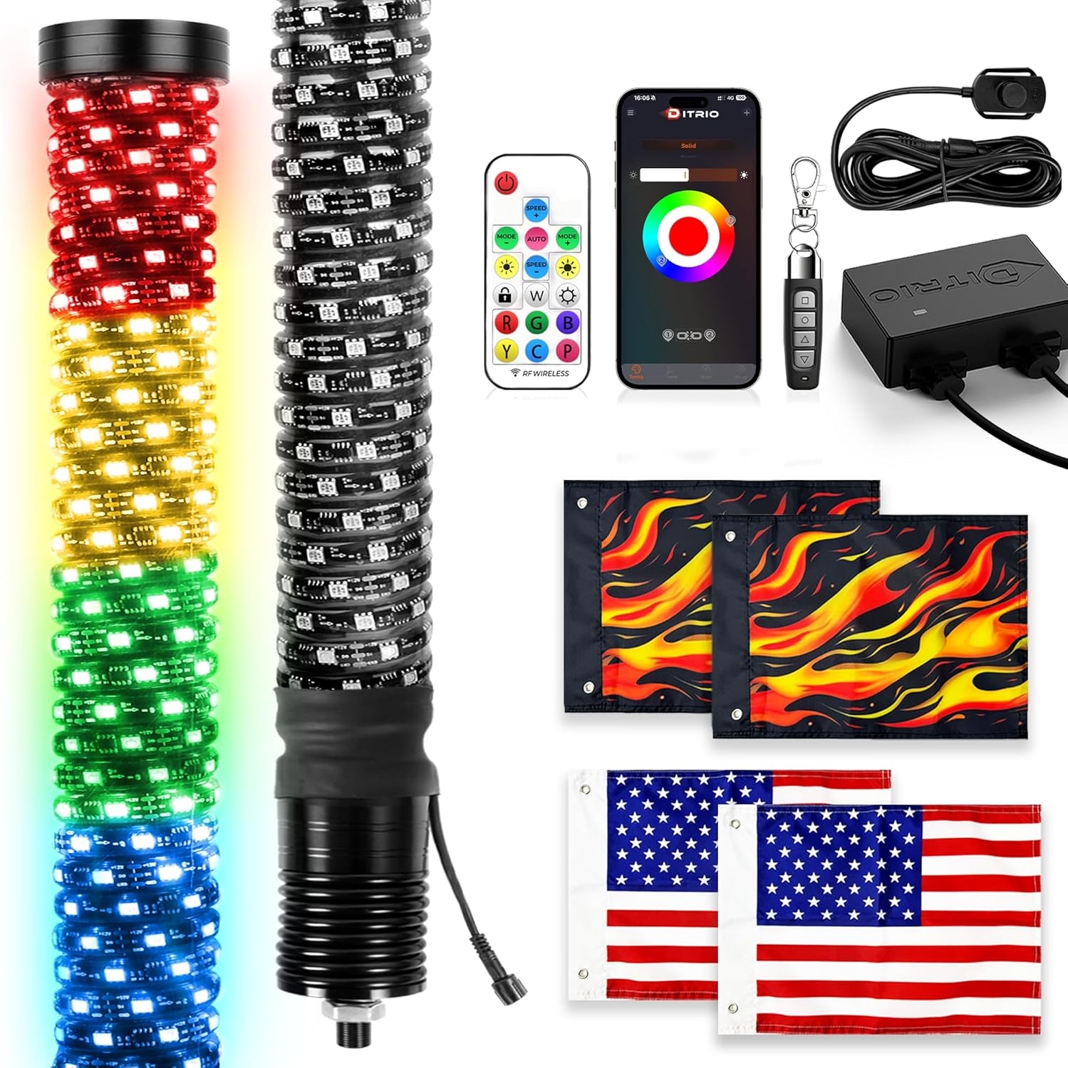 2 Pack 3FT Fat Whip Lights with App & Remote Control, Spiral RGB Chasing Lighted with Kill Switch, Side by Side Whip Lights with 4 Flags for UTV ATV SXS Truck, Multi Color, Waterproof, Music Mode