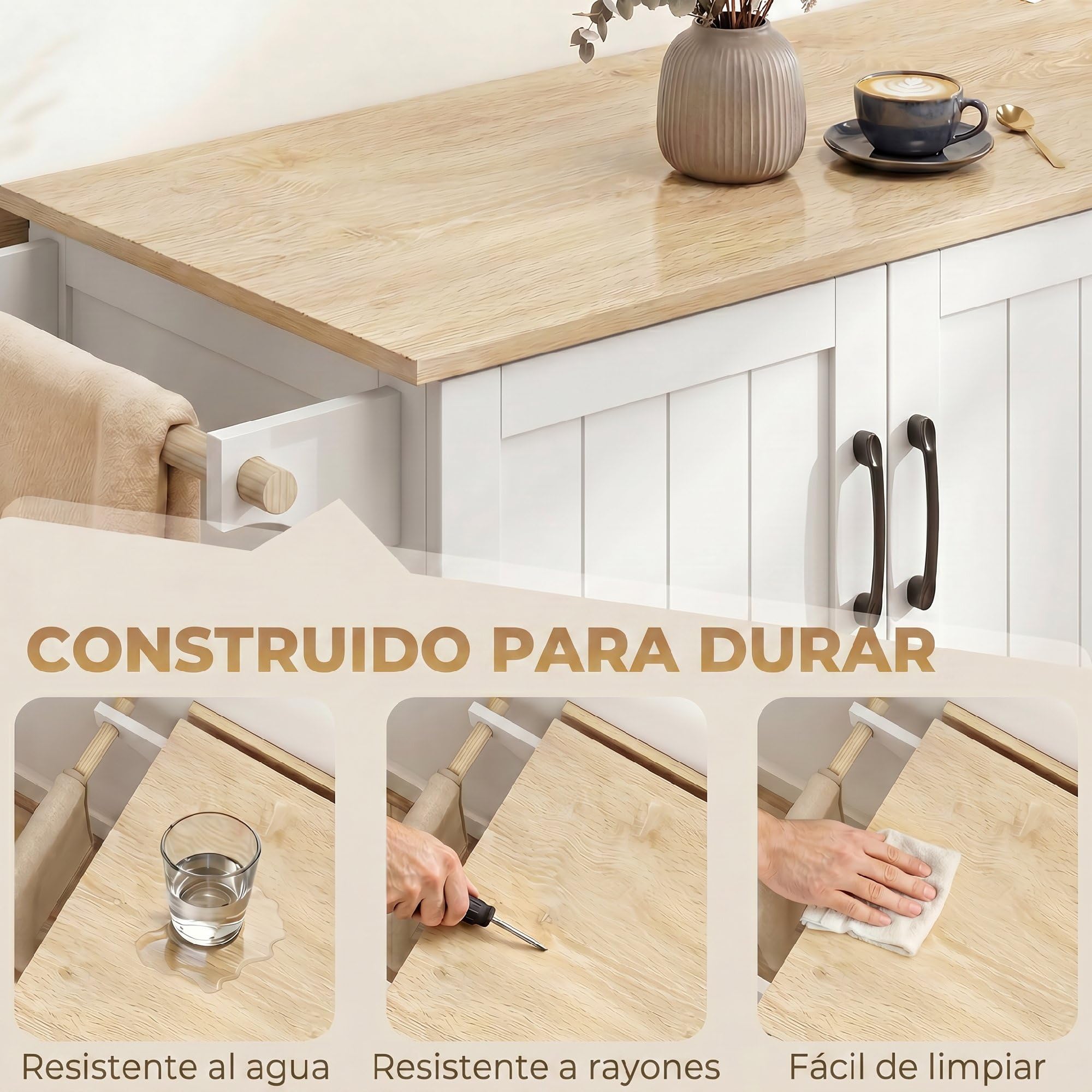 HOMCOM Isla de Cocina con Encimera Extensible y Estación de Carga, Carro de Cocina con Ruedas, 2 Puertas, 3 Cajones, Estantes Ajustables, Especiero y Toallero, Blanco