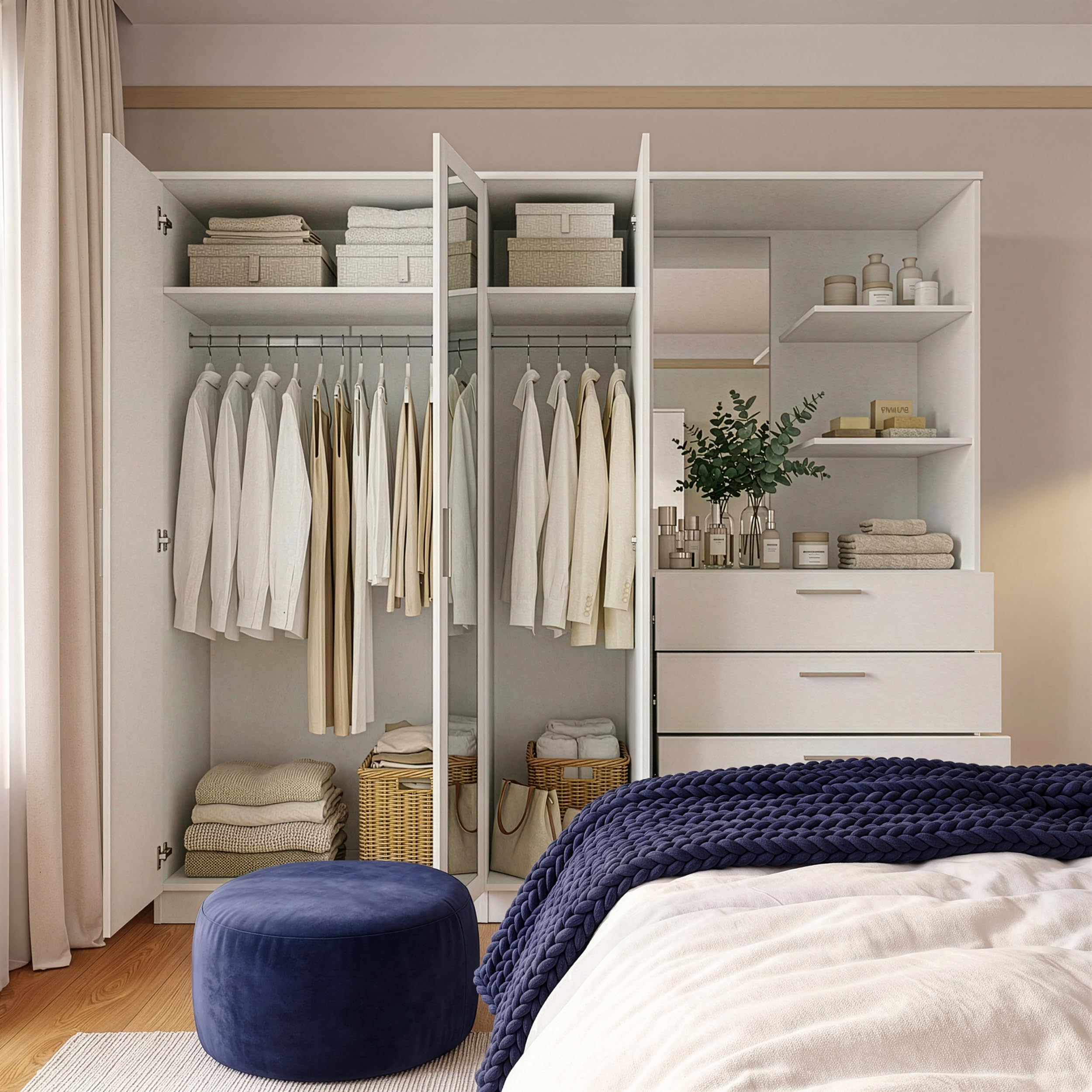 Forte Panama Kleiderschrank 200, modern-minimalistischer Kleiderschrank mit Regalkommode, 3-türig, 4 Schubladen, 2 Spiegel, Holzwerkstoff, Weiß, 199 cm breit x 181 cm hoch x 52,7 cm tief