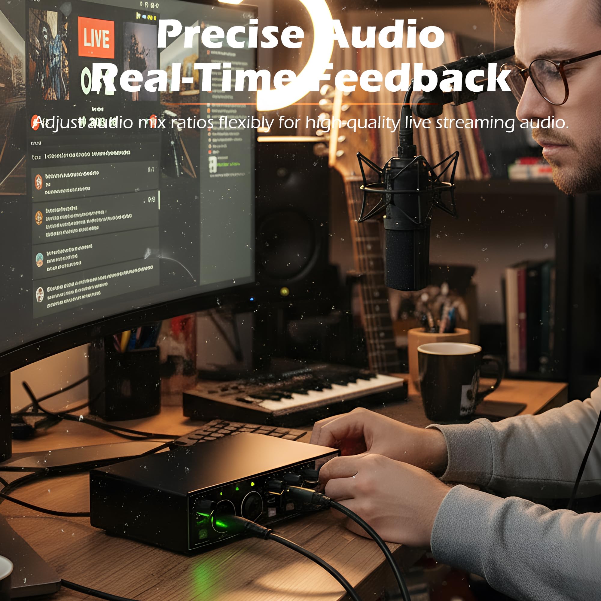 Interfaccia audio USB per la registrazione del PC, interfaccia audio del computer a 24 bit/192 kHz per la registrazione di musica, 48 V Phantom Power Music Recording Studio Apparecchiature da studio